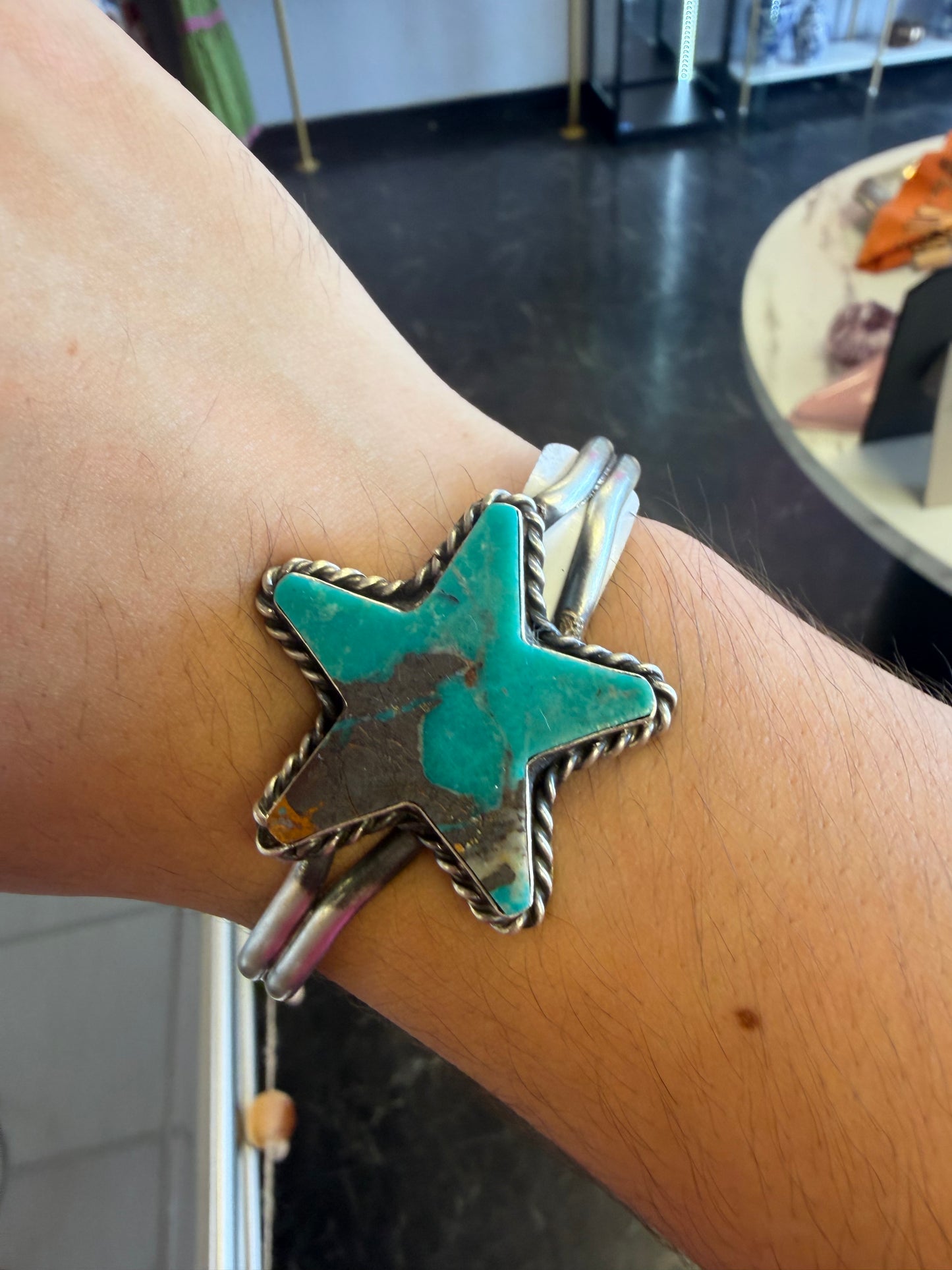 Sterling Silver Native Larson Chee Navajo Kingman Star Cuff Bracelet