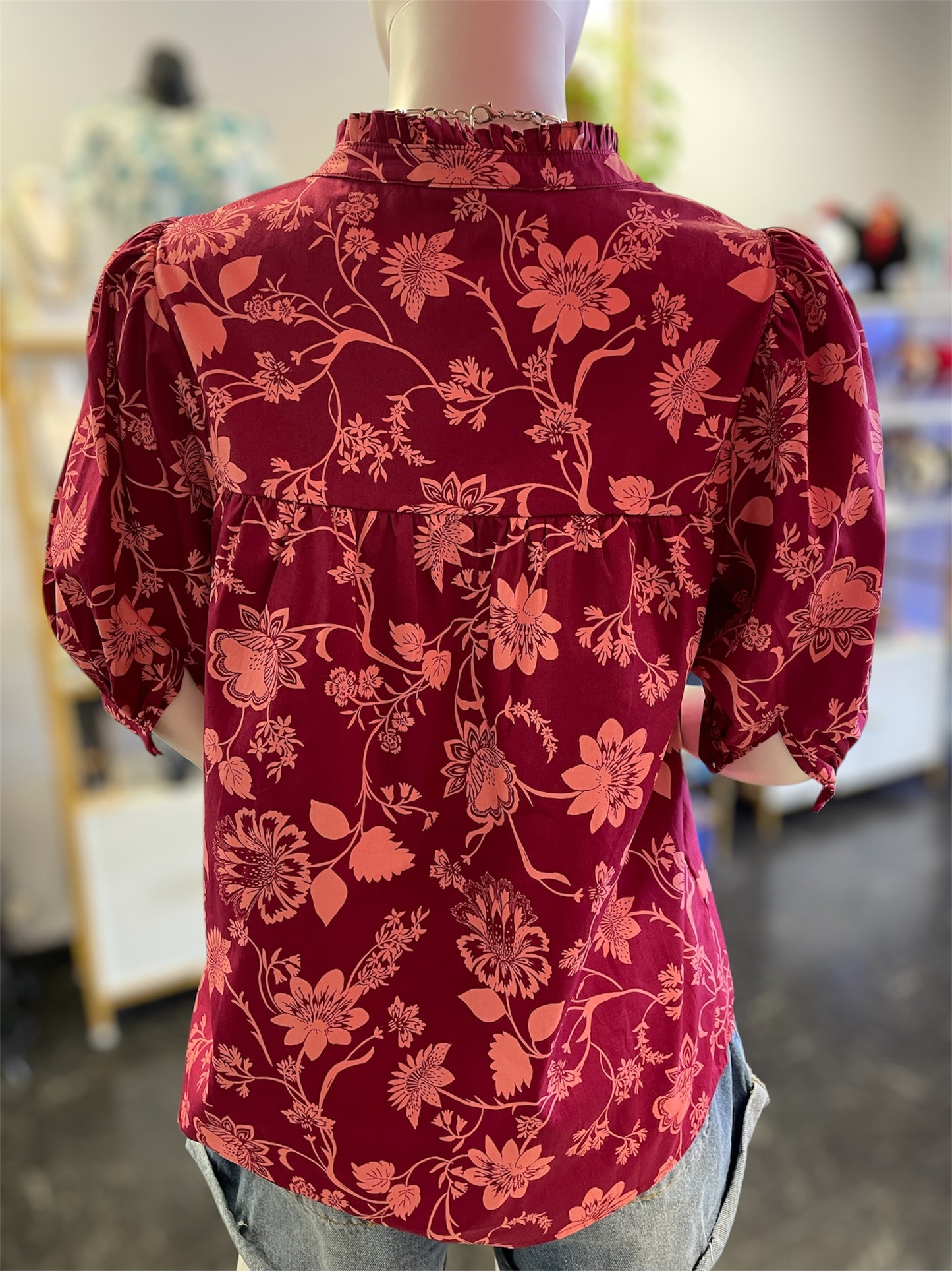 Burgundy Short Sleeve Floral Print Blouse