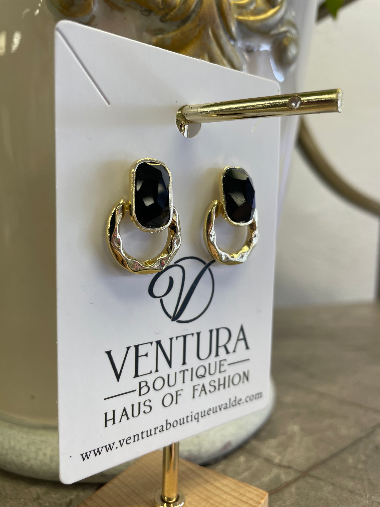 Black Crystal Gold Door Knocker Stud Earrings