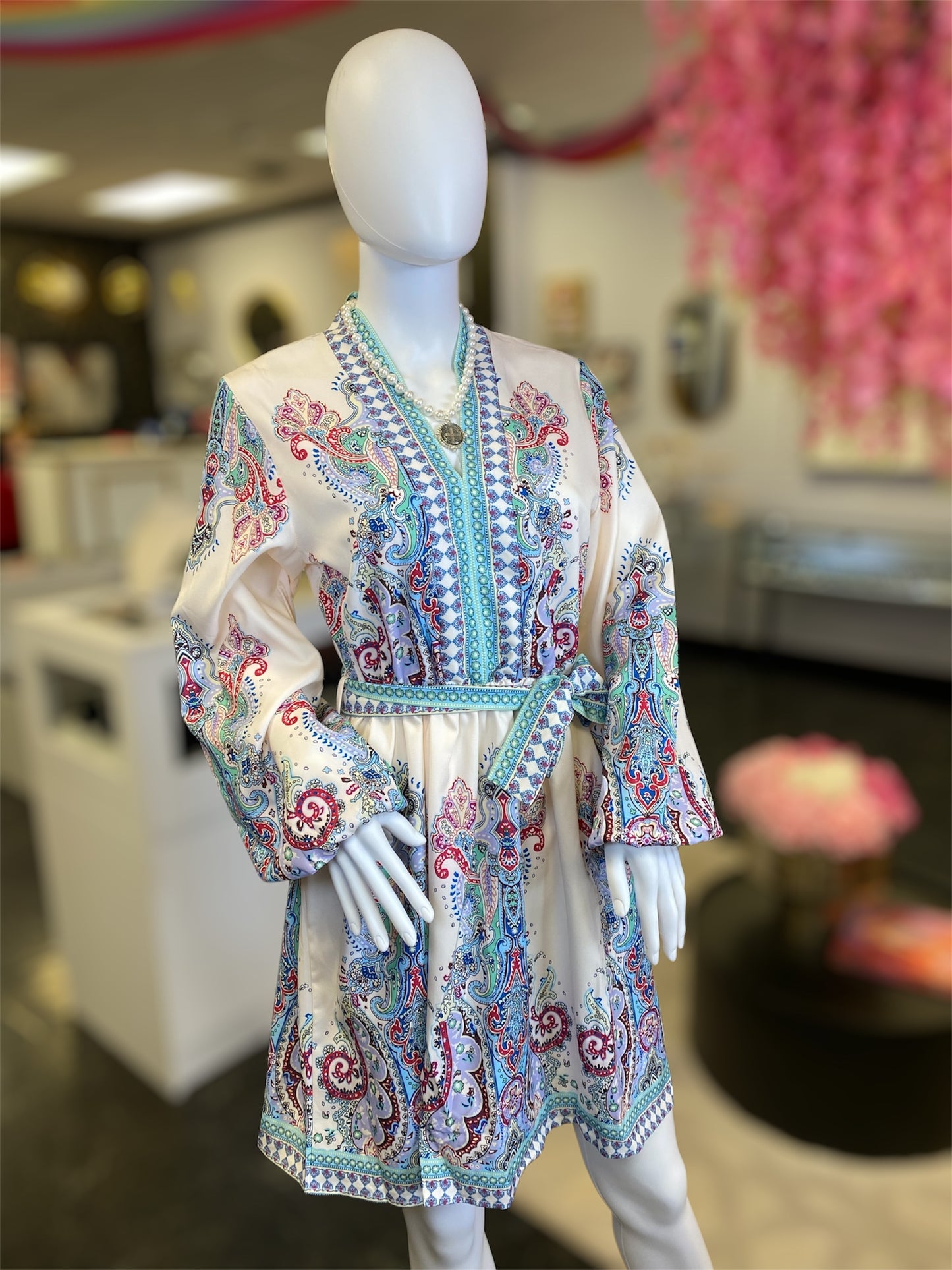 Bohemian Paisley V-Neck Long Sleeve Belted Dress