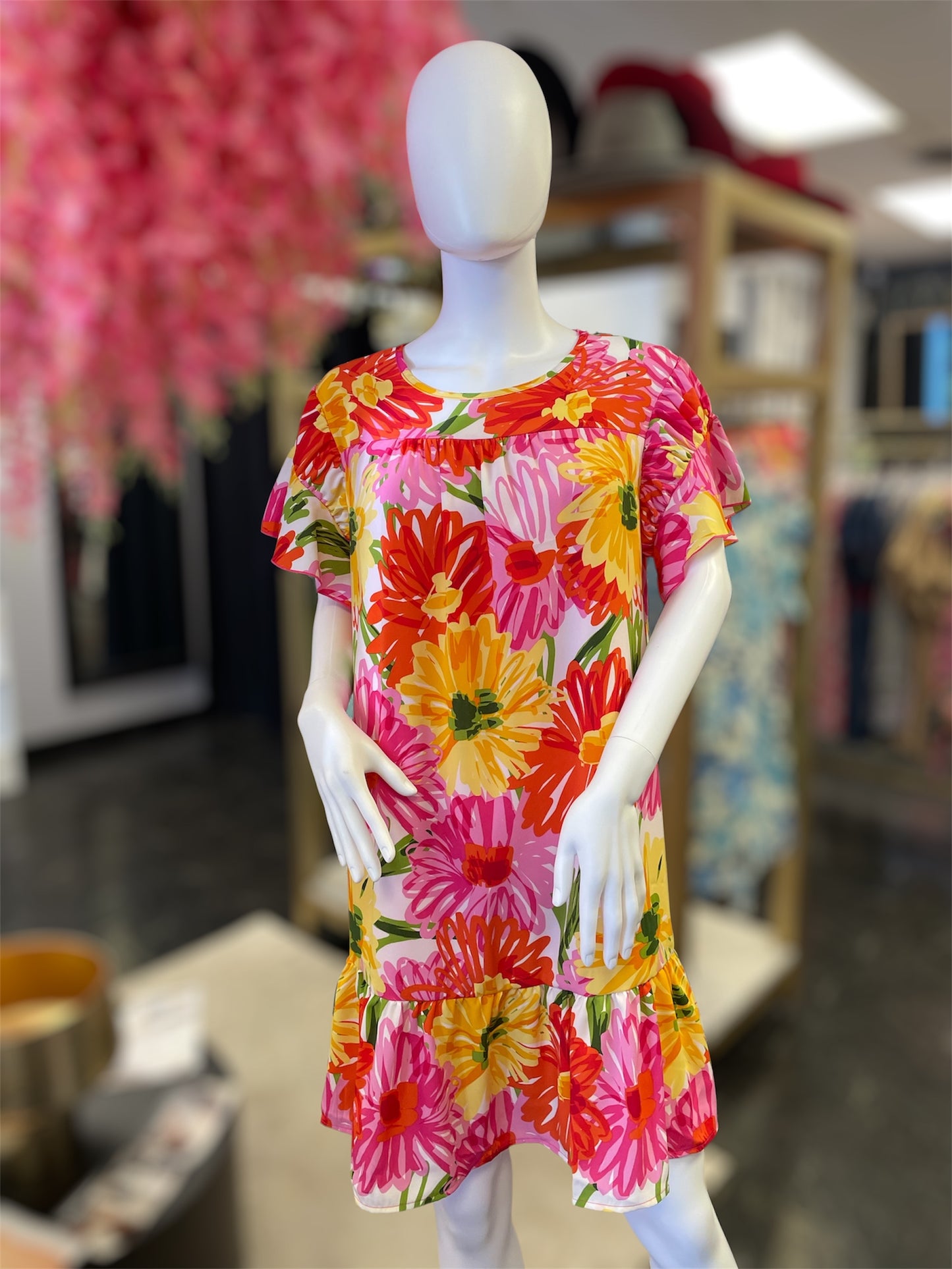 Short Ruffle Sleeve Tunic Floral Dress