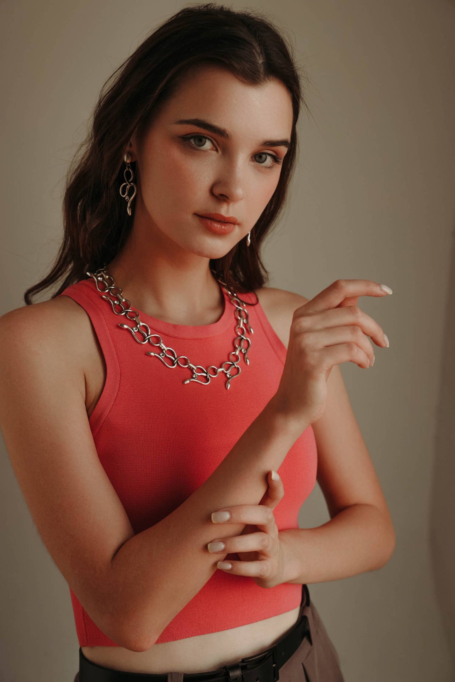 Handmade Snake Crystal Pewter Necklace - 3868