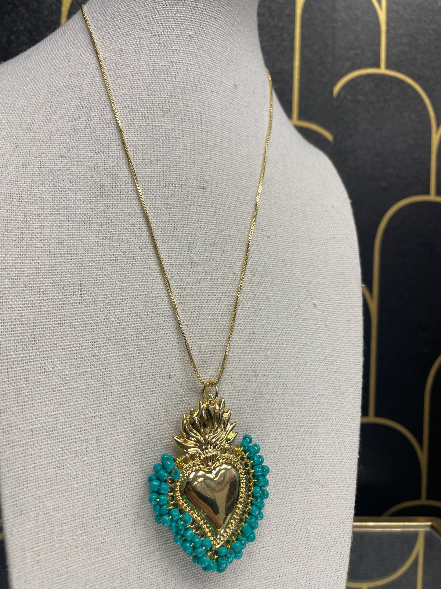 Beaded Flaming Heart Teal Sacred Heart Necklace