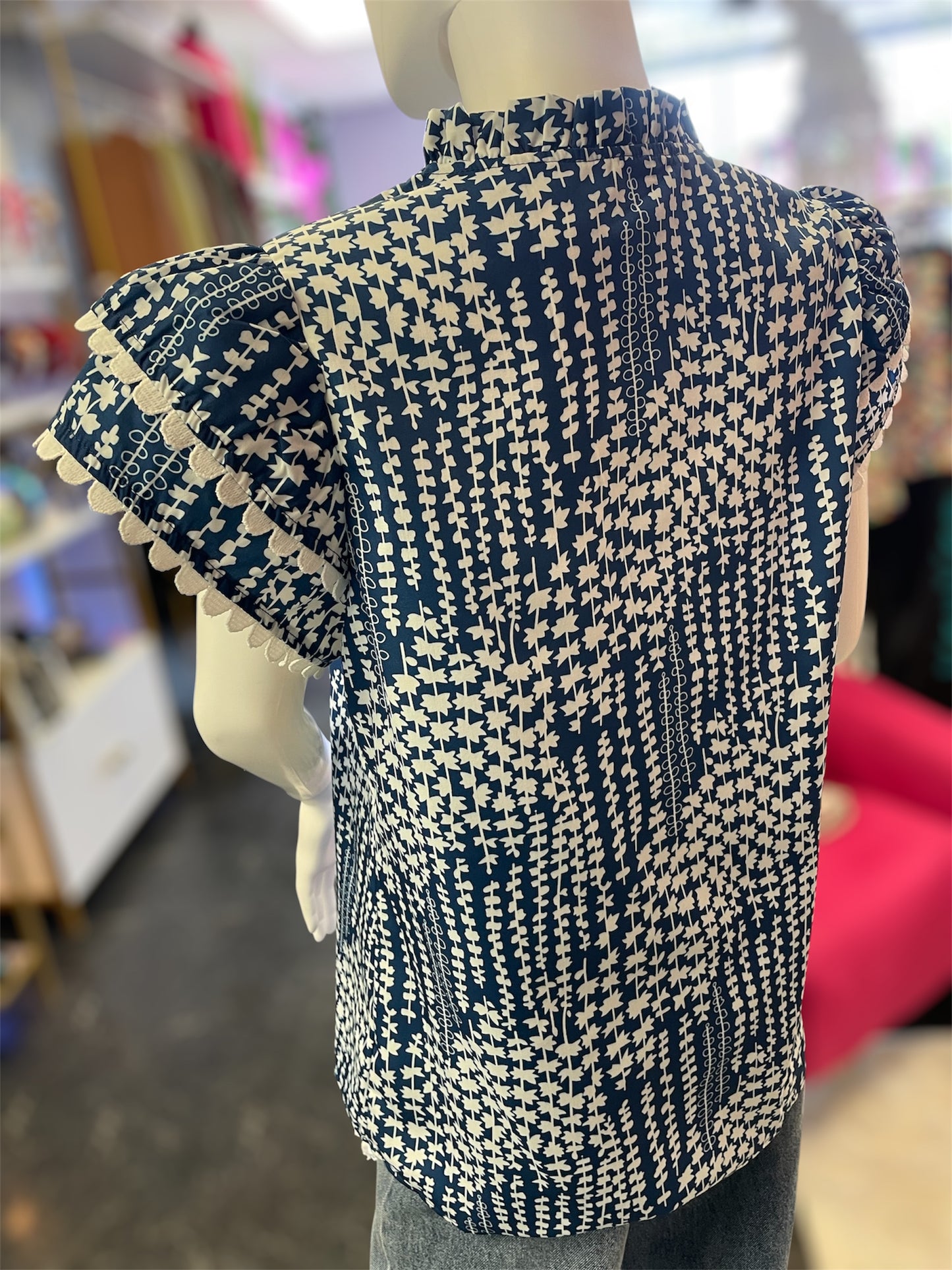 Blue & White Floral Ric Rac Top