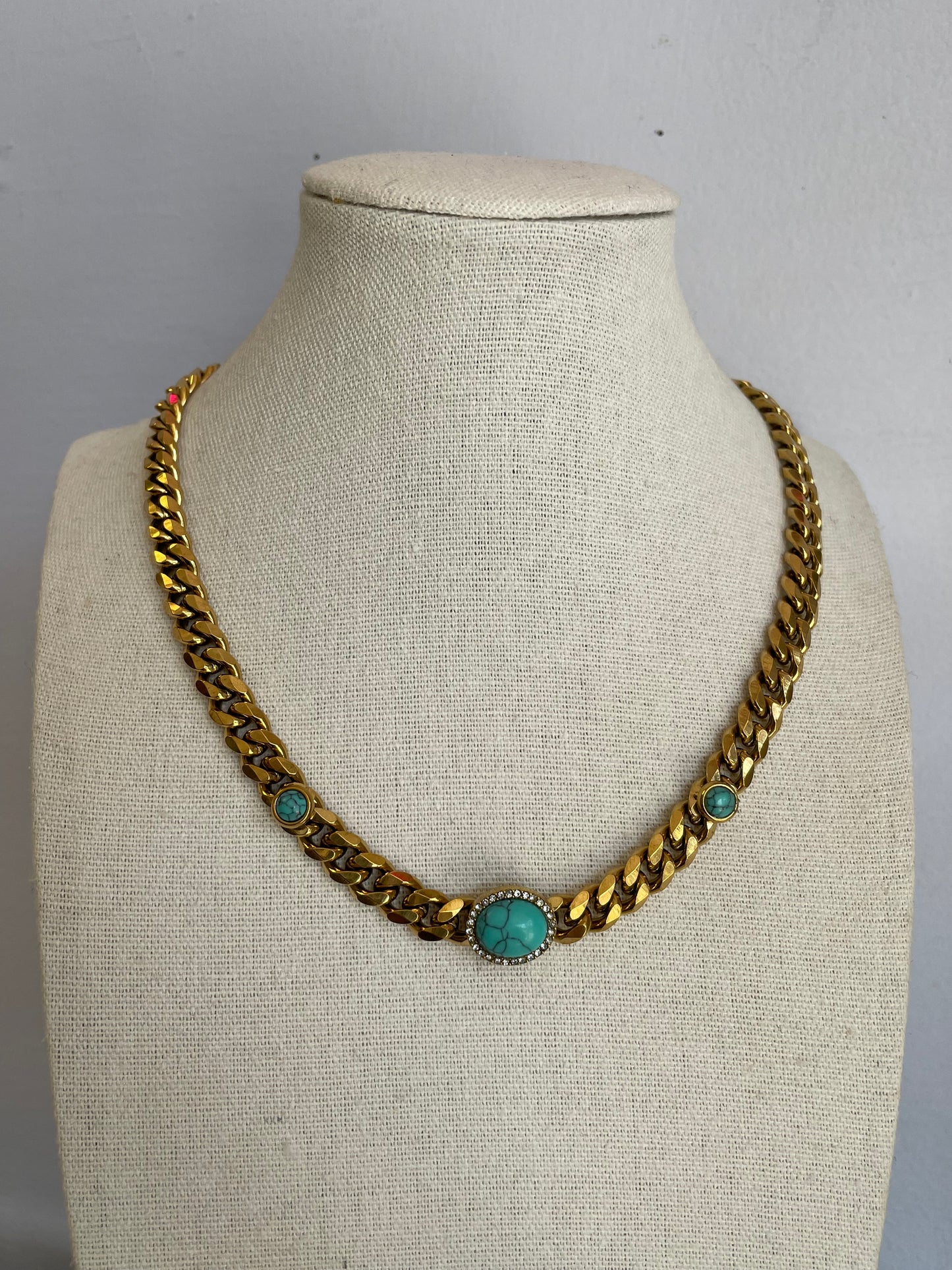Stainless Steel Gold Plated Imitation Turquoise Crystal Necklace