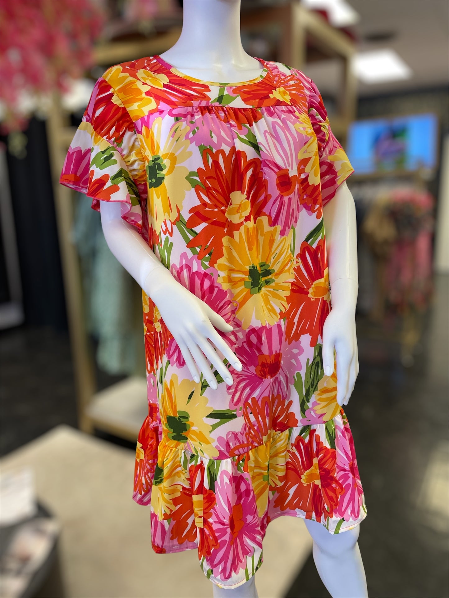 Short Ruffle Sleeve Tunic Floral Dress