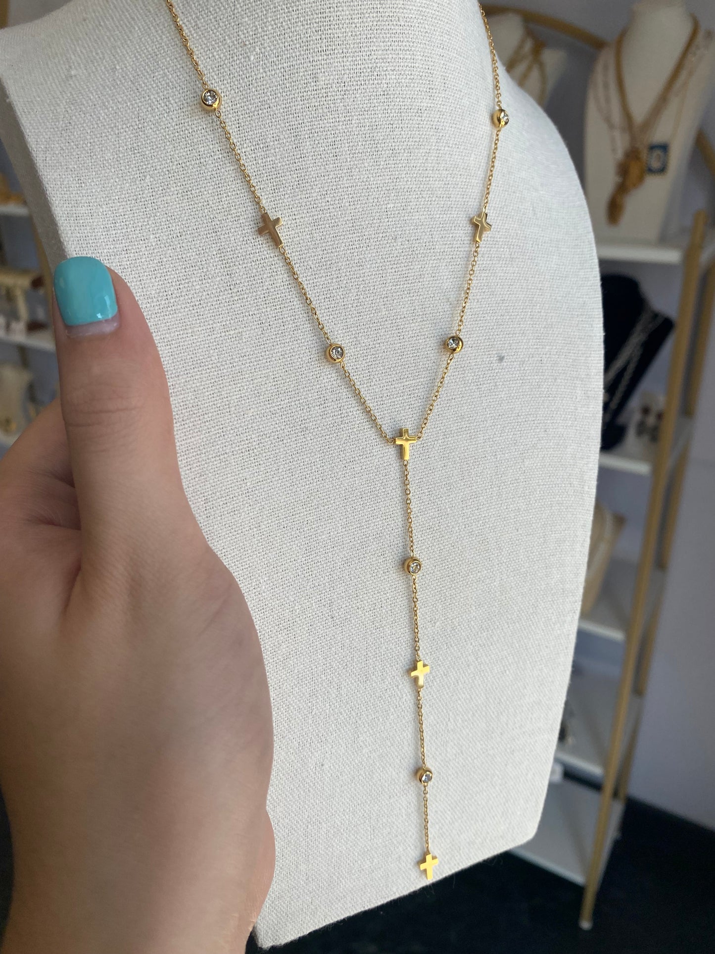 Cross & Crystal Stainless Steel Gold Plated Lariat