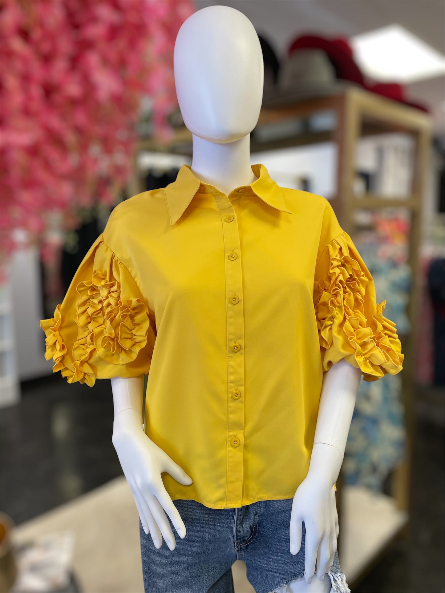 Sunshine Ruffle Sleeve Button Closure Blouse