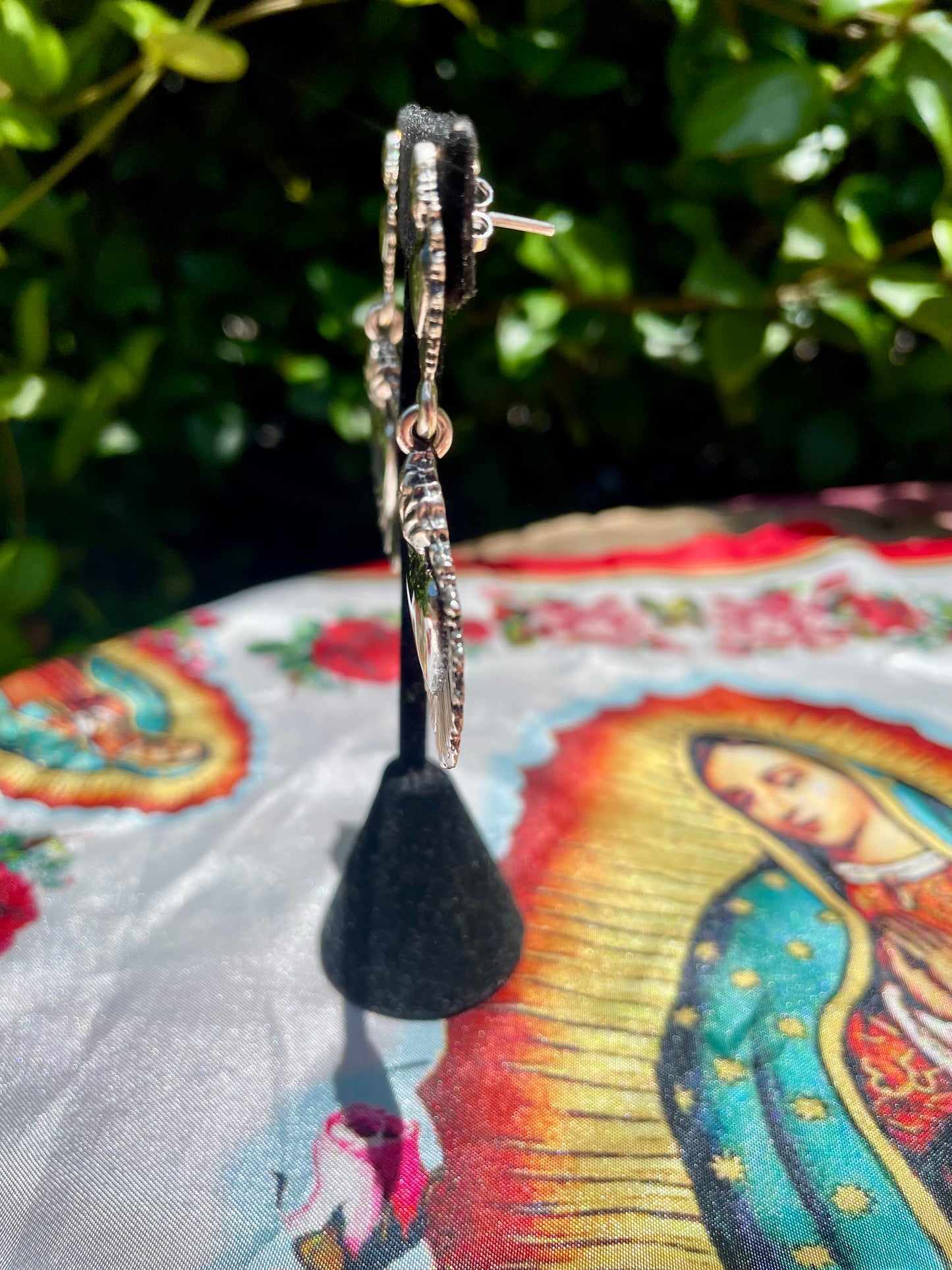 Sterling Silver Sacred Heart Flame Dangle Earrings