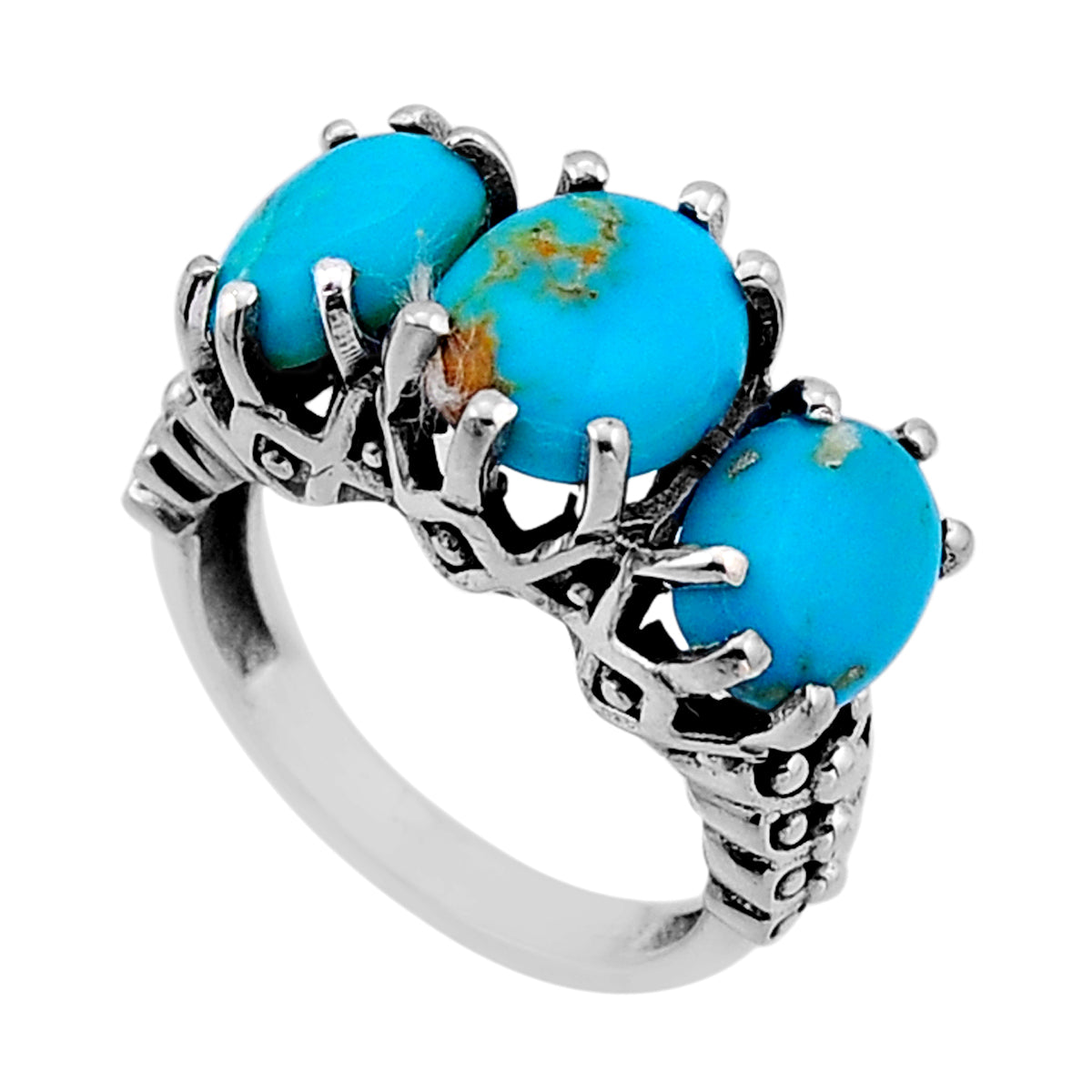 3 stone green Arizona Mojave turquoise oval silver ring size 7