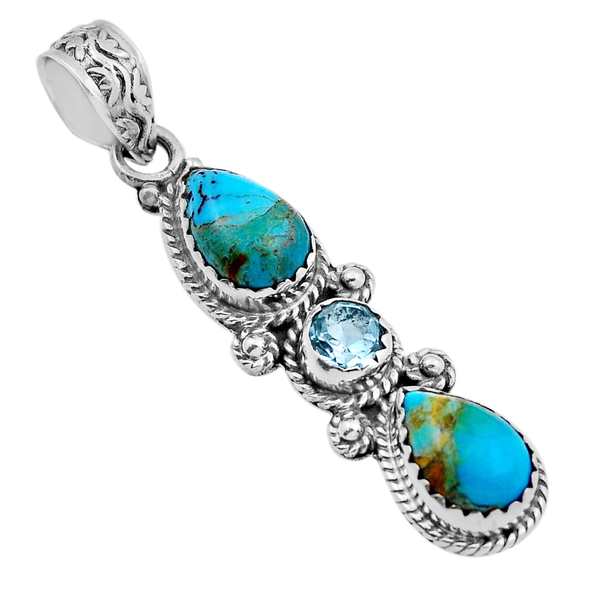 3 stone natural blue turquoise topaz 925 silver pendant