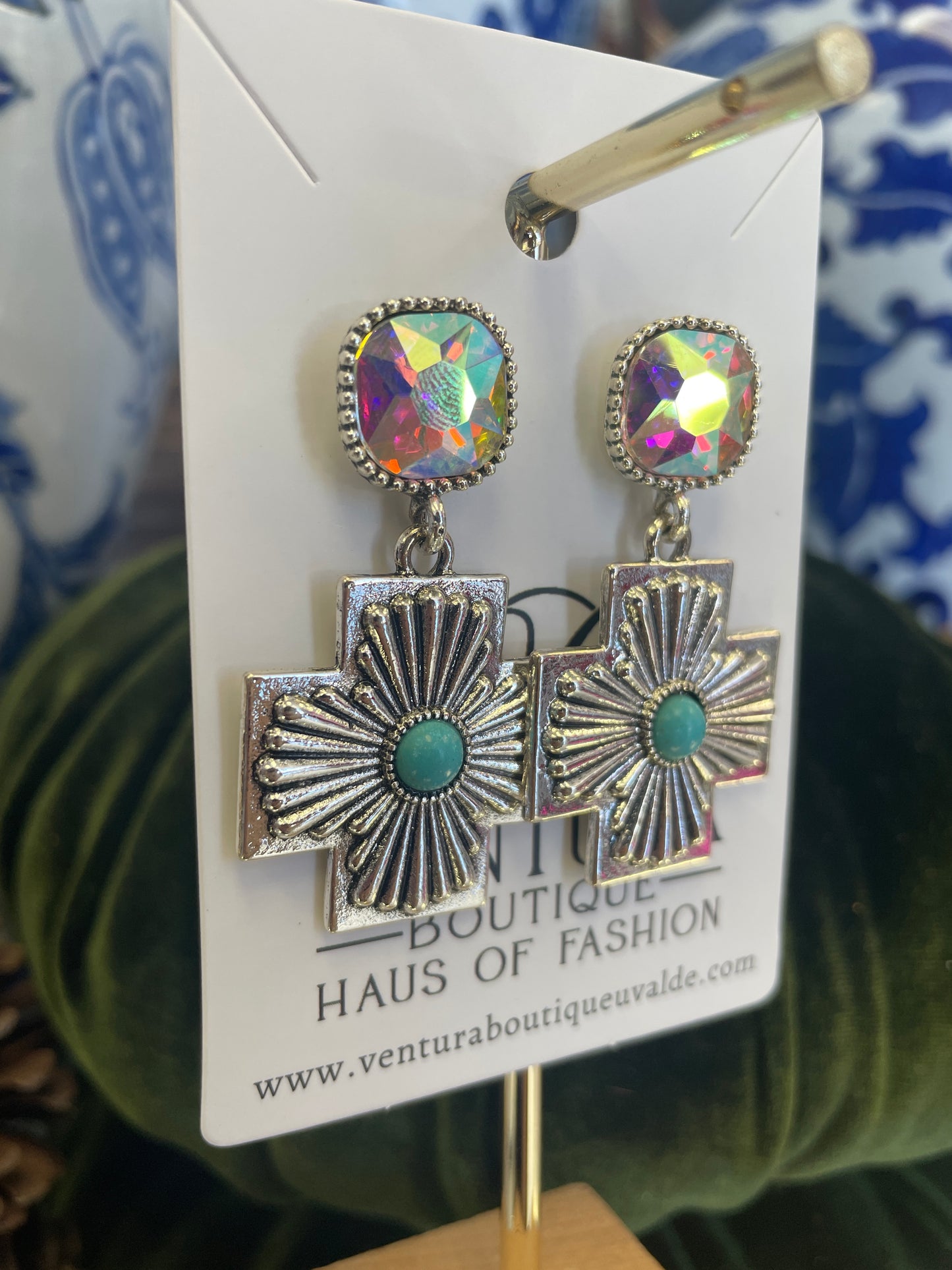 Silver Post AB Stone Cross Earrings