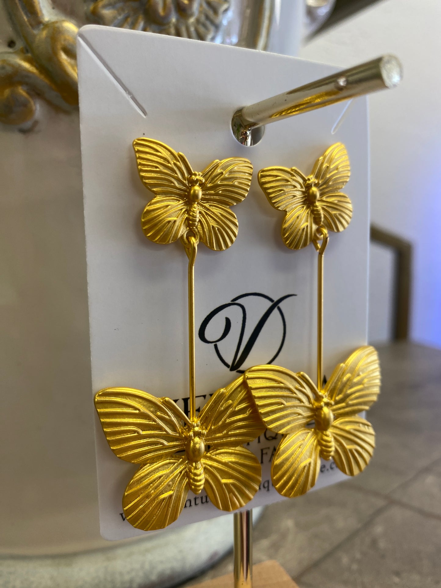Butterflies Gold Post Drop Earring