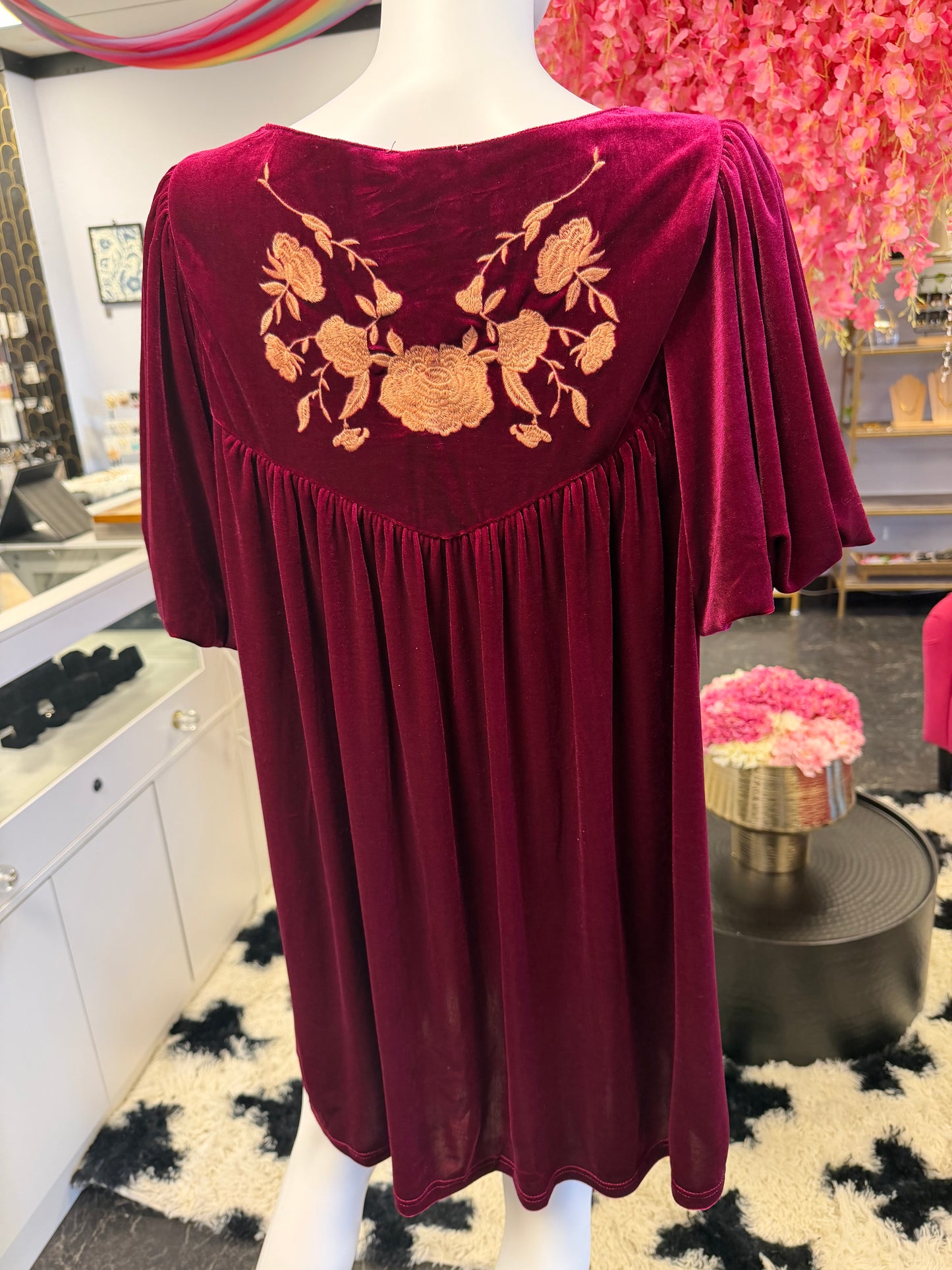 Burgundy Velvet Embroidered Dress