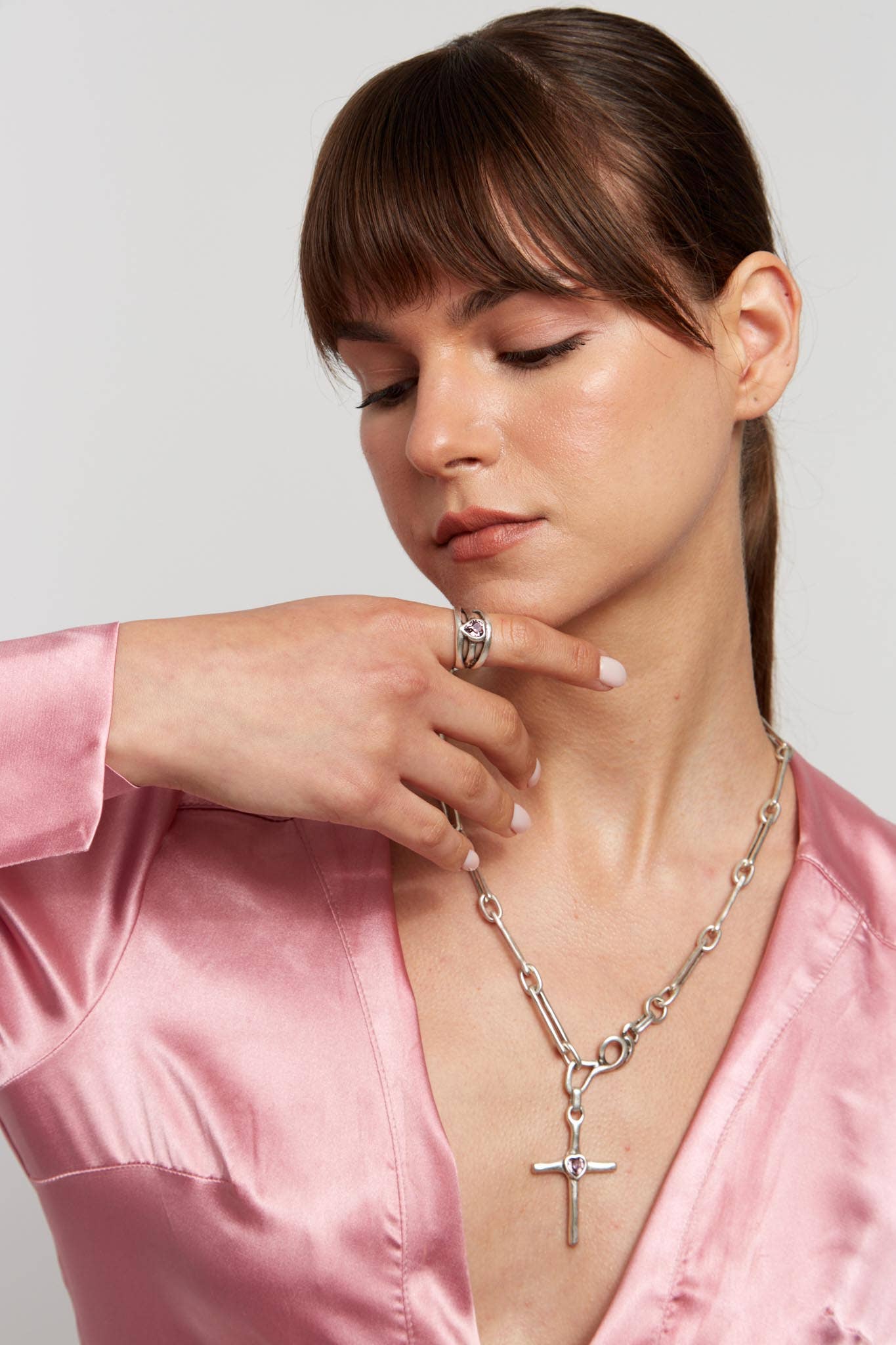 Handmade Cross Crystal Pewter Necklace - 3978