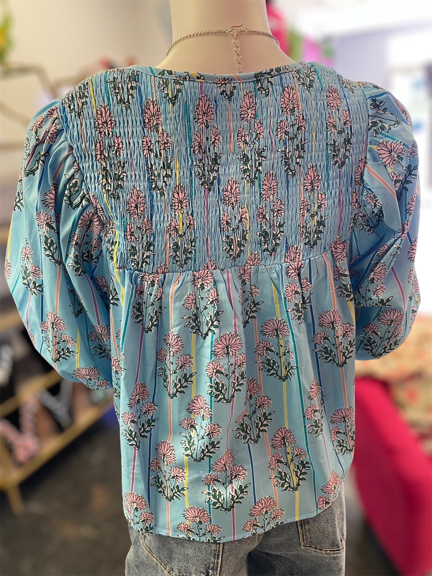 Striped Floral Blue Tie Top