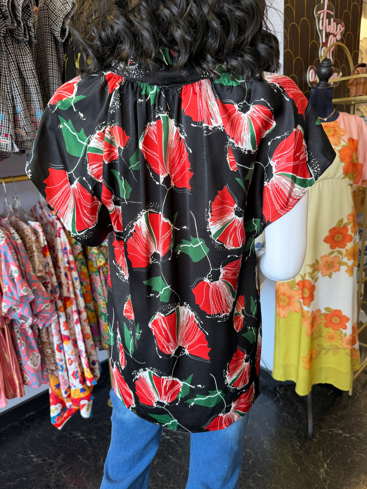 Black Floral Fan Top