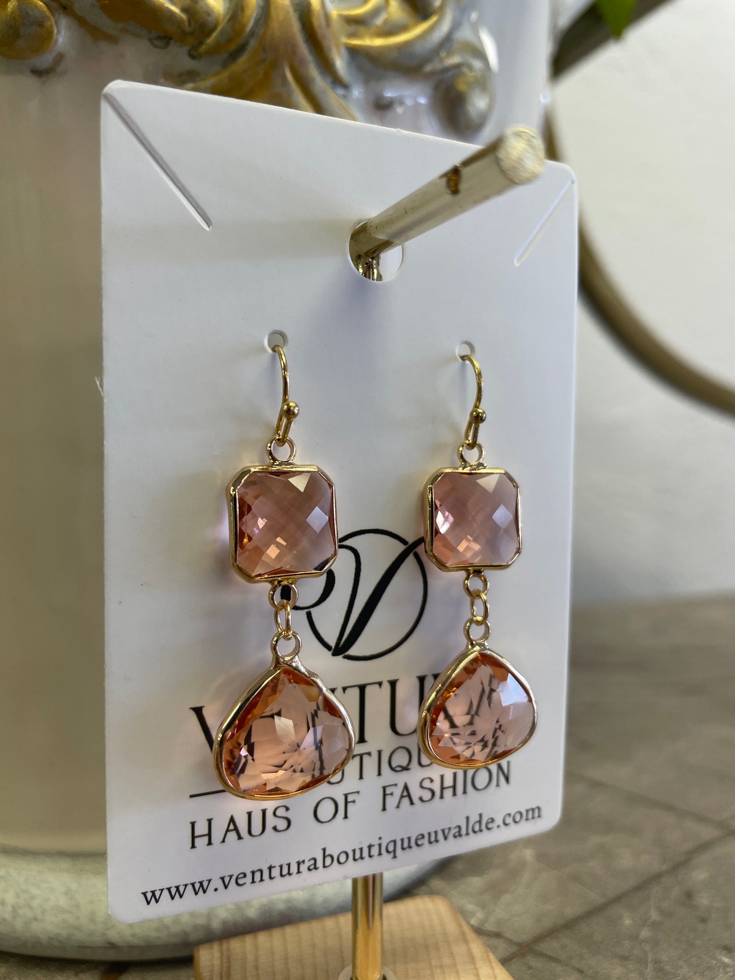 Peach Crystal Gold Hook Earrings