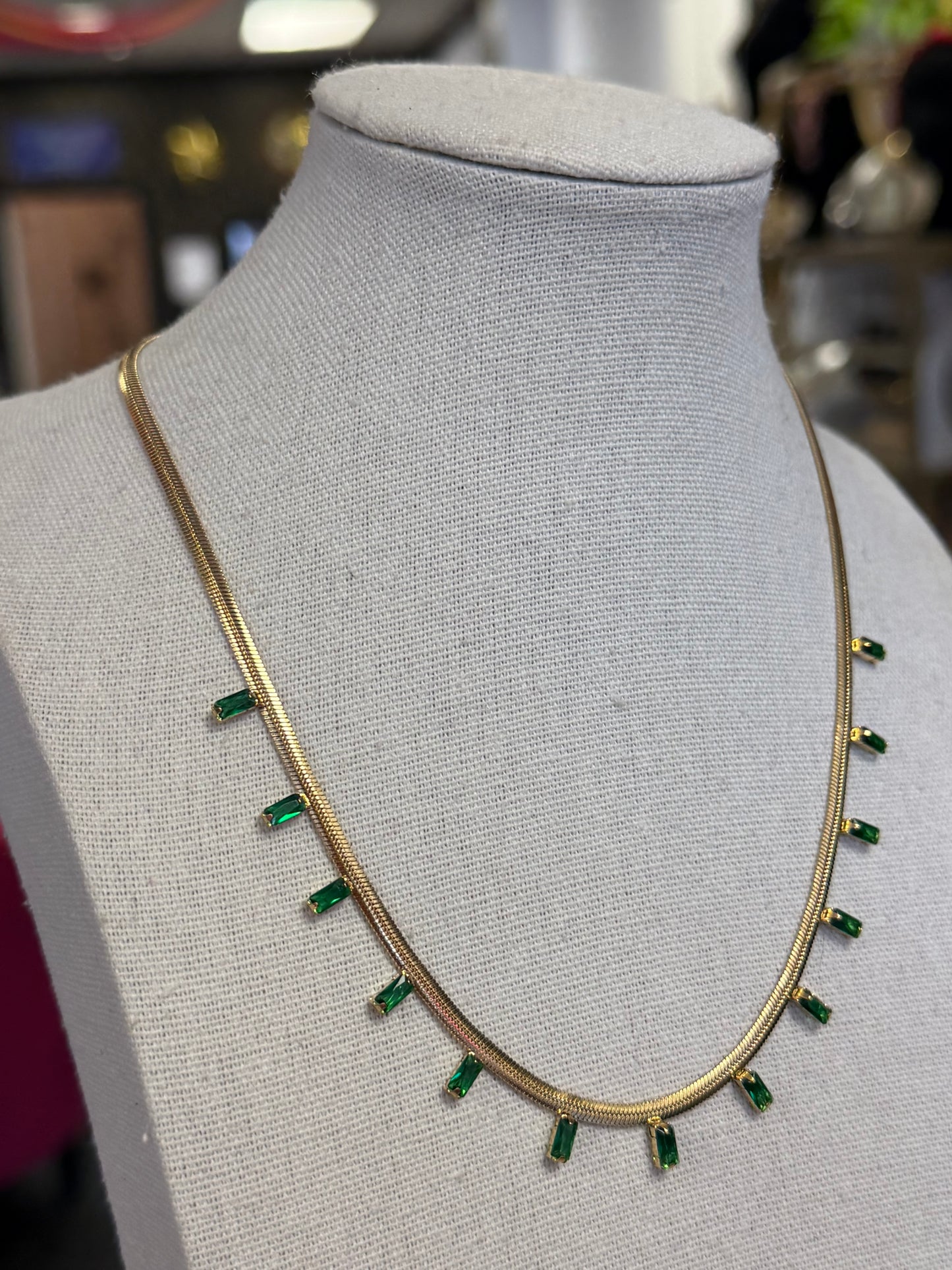 Stainless Gold Plated Green Crystal Necklace