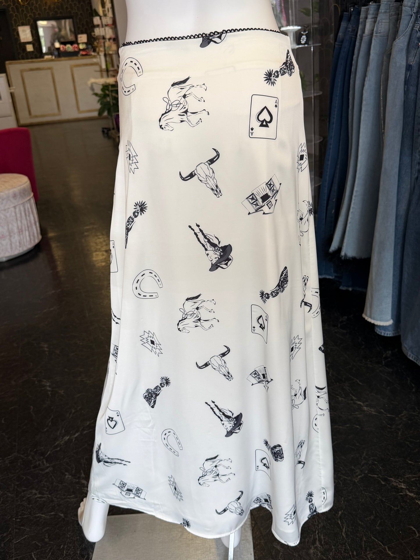 Silky White & Black Western Graphic Skirt