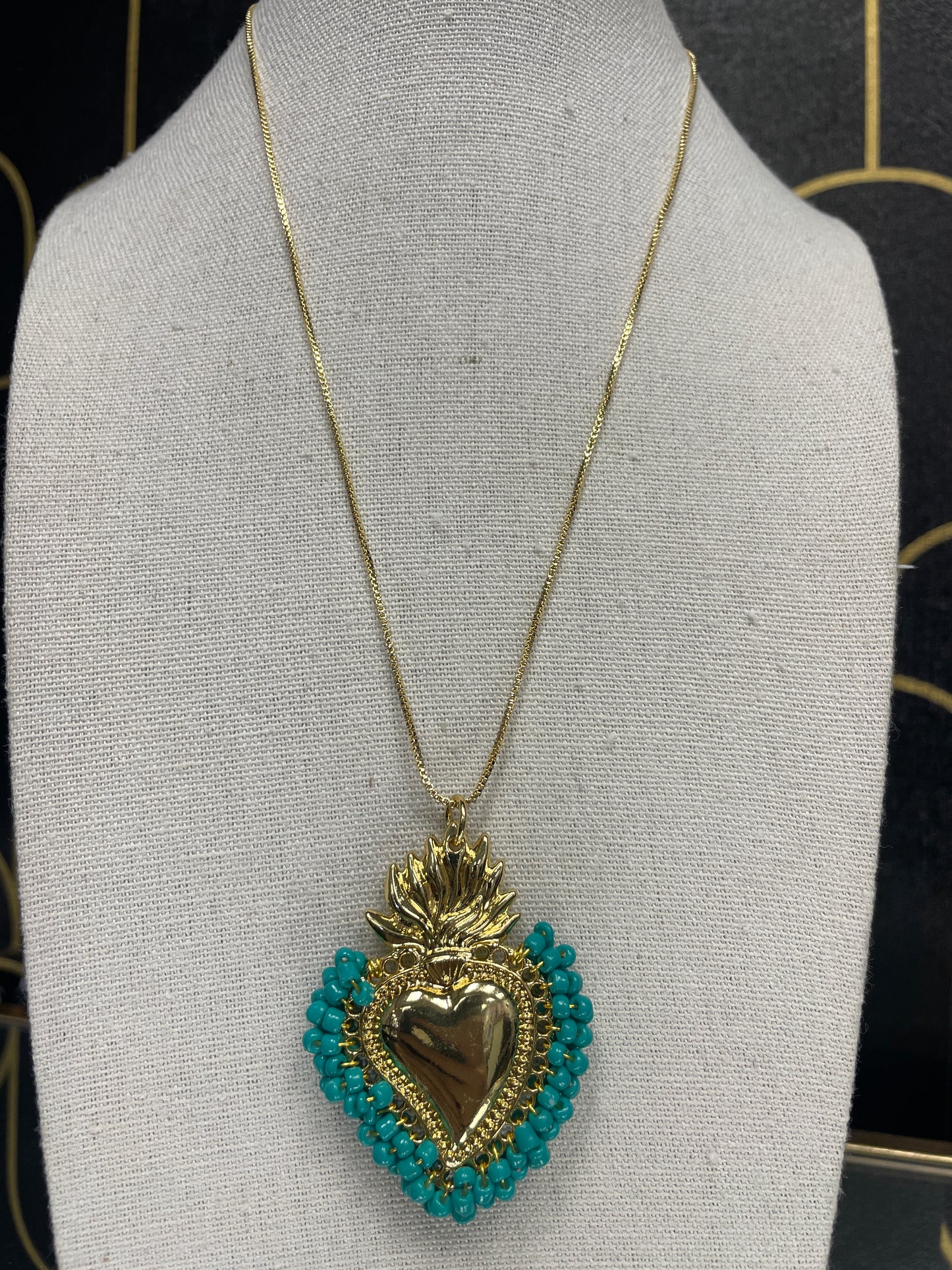 Beaded Flaming Heart Teal Sacred Heart Necklace