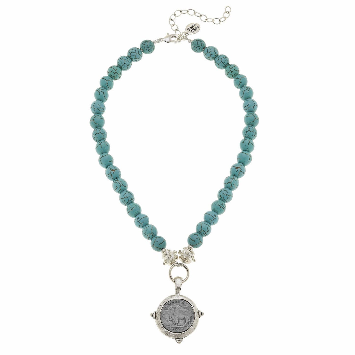 Silver Vintage Buffalo Head Coin on Genuine Turquoise Neckla