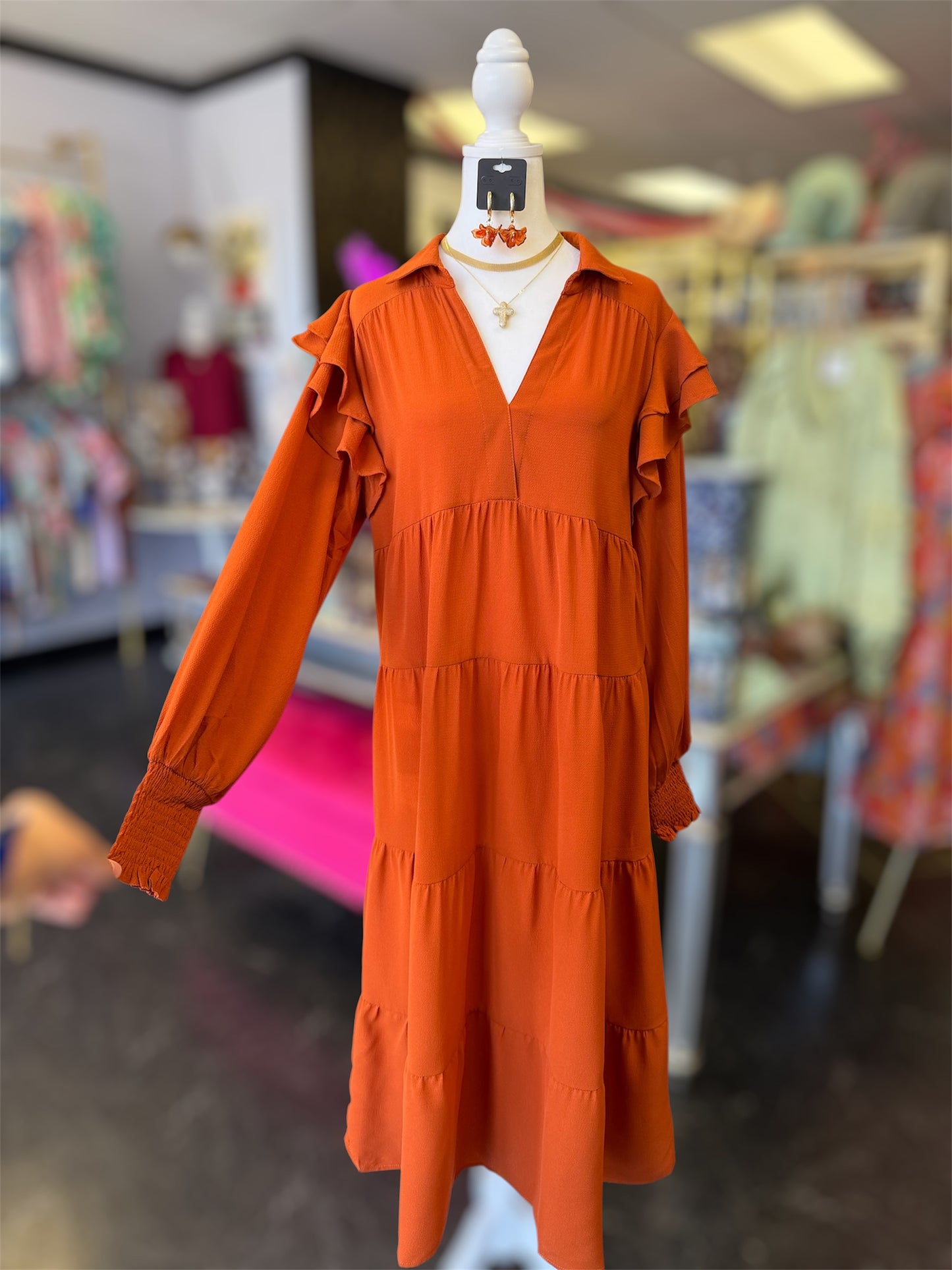 Pumpkin 🎃 Spice Long Sleeve Frill Sleeve Layered Maxi Dress
