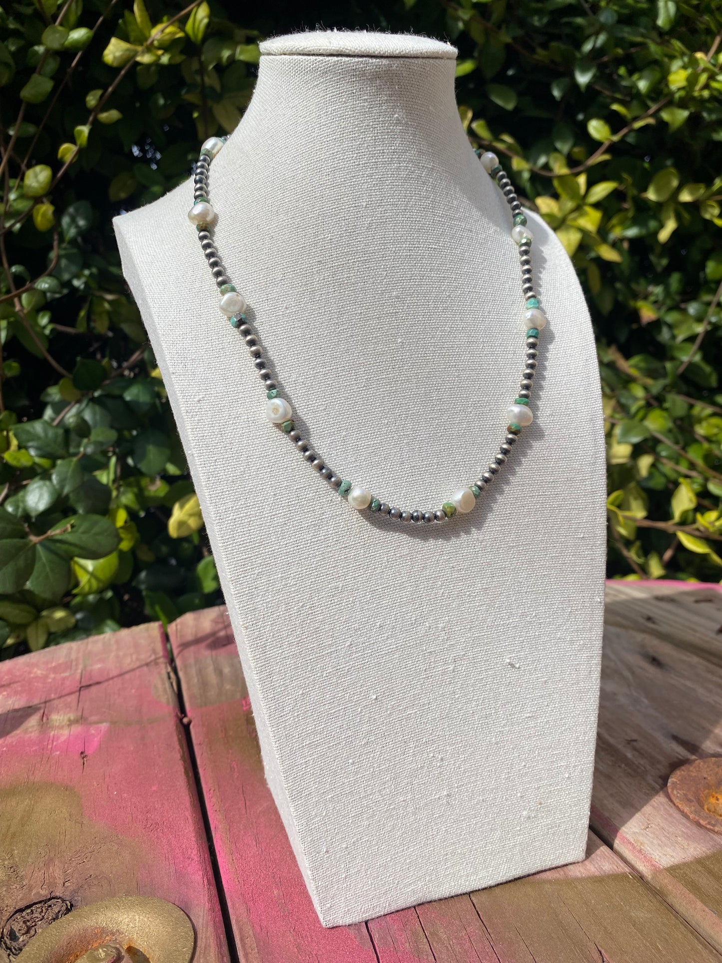 Sterling Navajo Style Pearls With Pearl & Turquoise Necklace