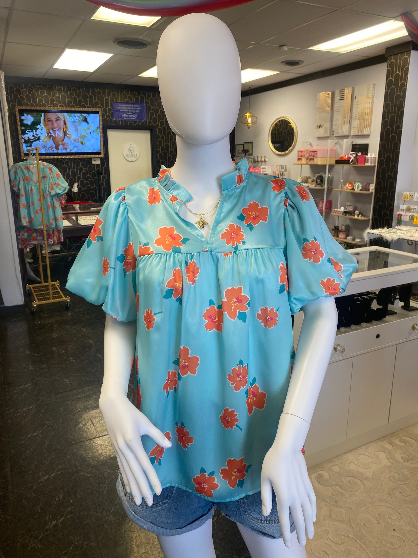 Sky Blue Tangerine Flower Puff Sleeve V-Neck Top