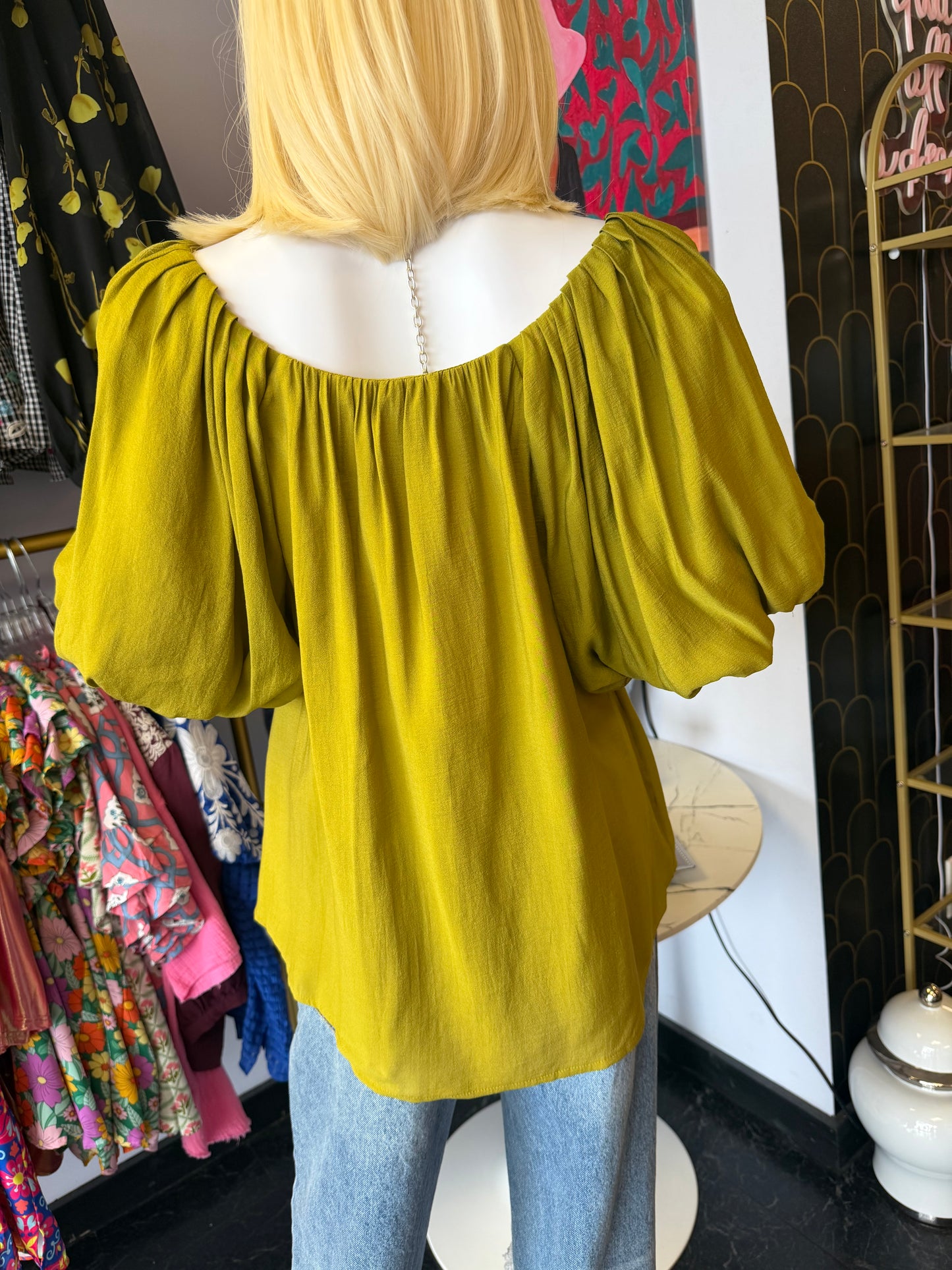 Pistachio Round Neck Top With Ballon Sleeves