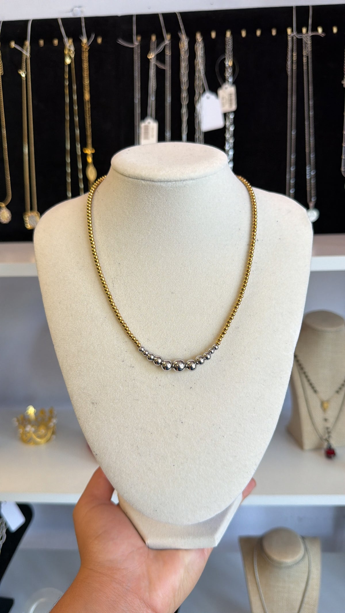 Stainless Steel Graduated Beaded Necklace Silver, Gold, and Multi