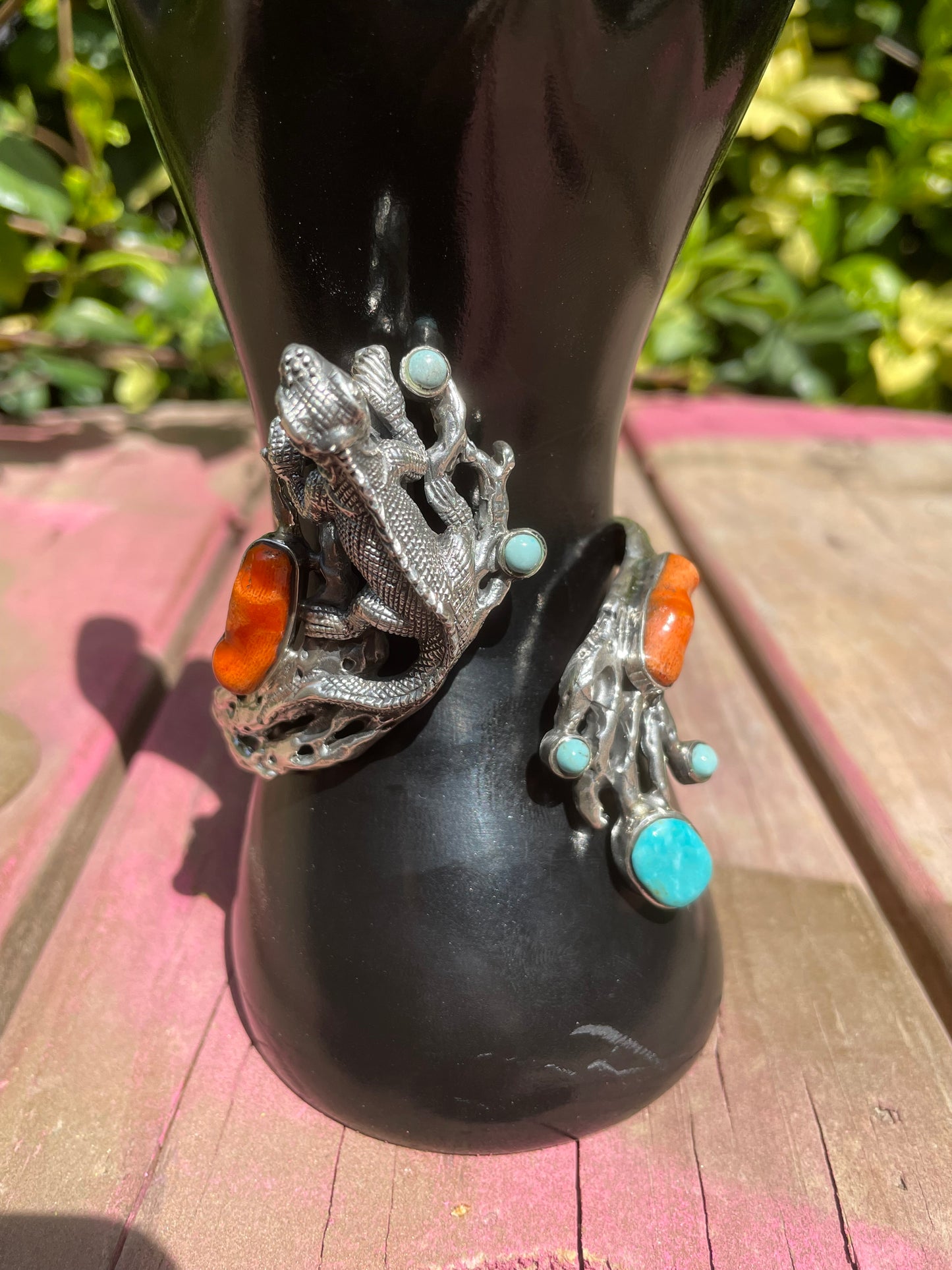 925 Sterling Iguana Adjustable Turquoise & Coral Cuff Bracelet