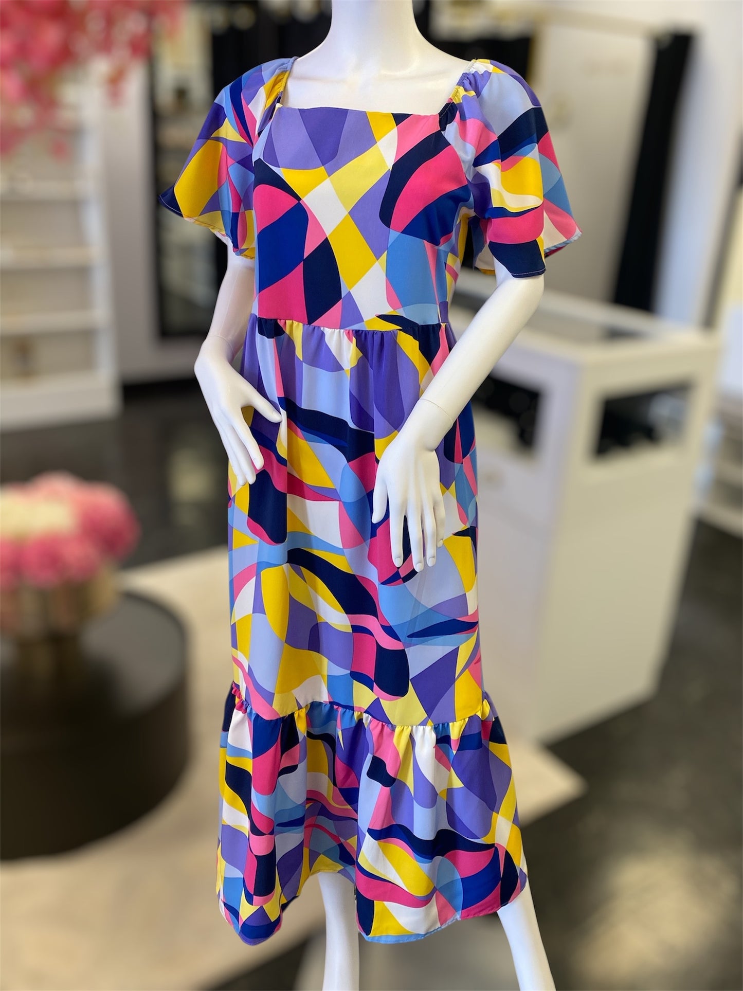 Short Sleeve Multi Print Colorful Maxi Dress