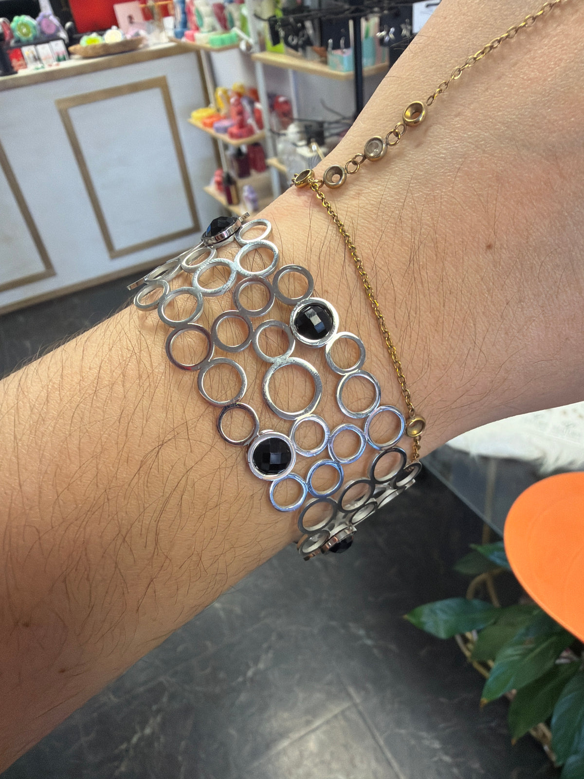 Stainless Circle Cuff With Black Stones
