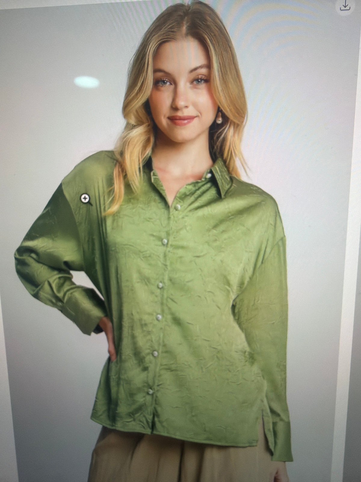 Green Textured Wrinkle Button Down Top