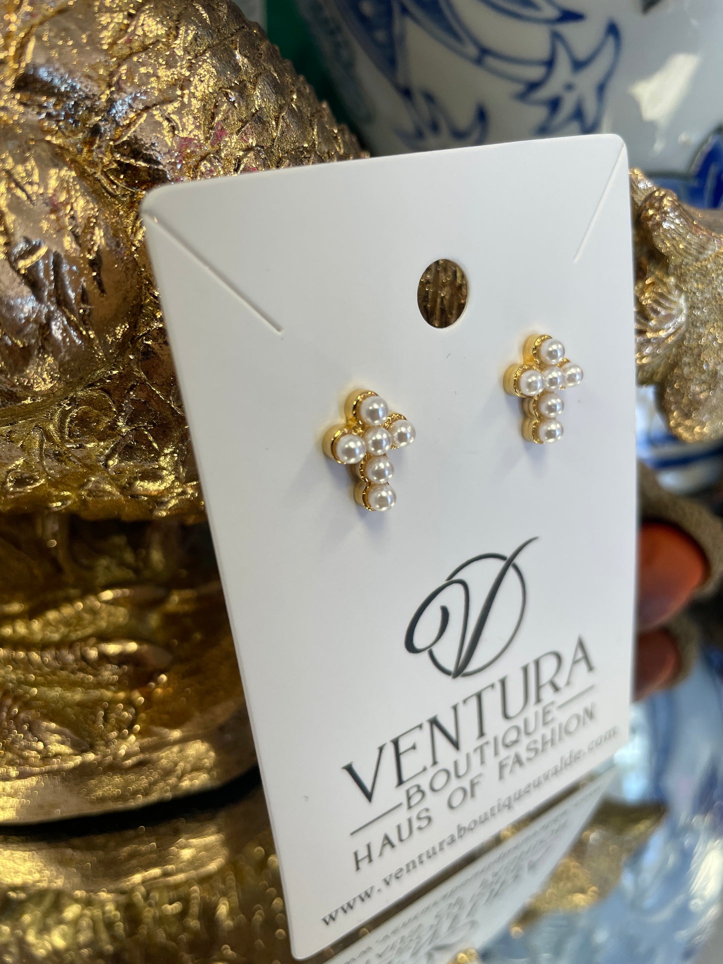 Pearl Gold Cross Stud Earrings