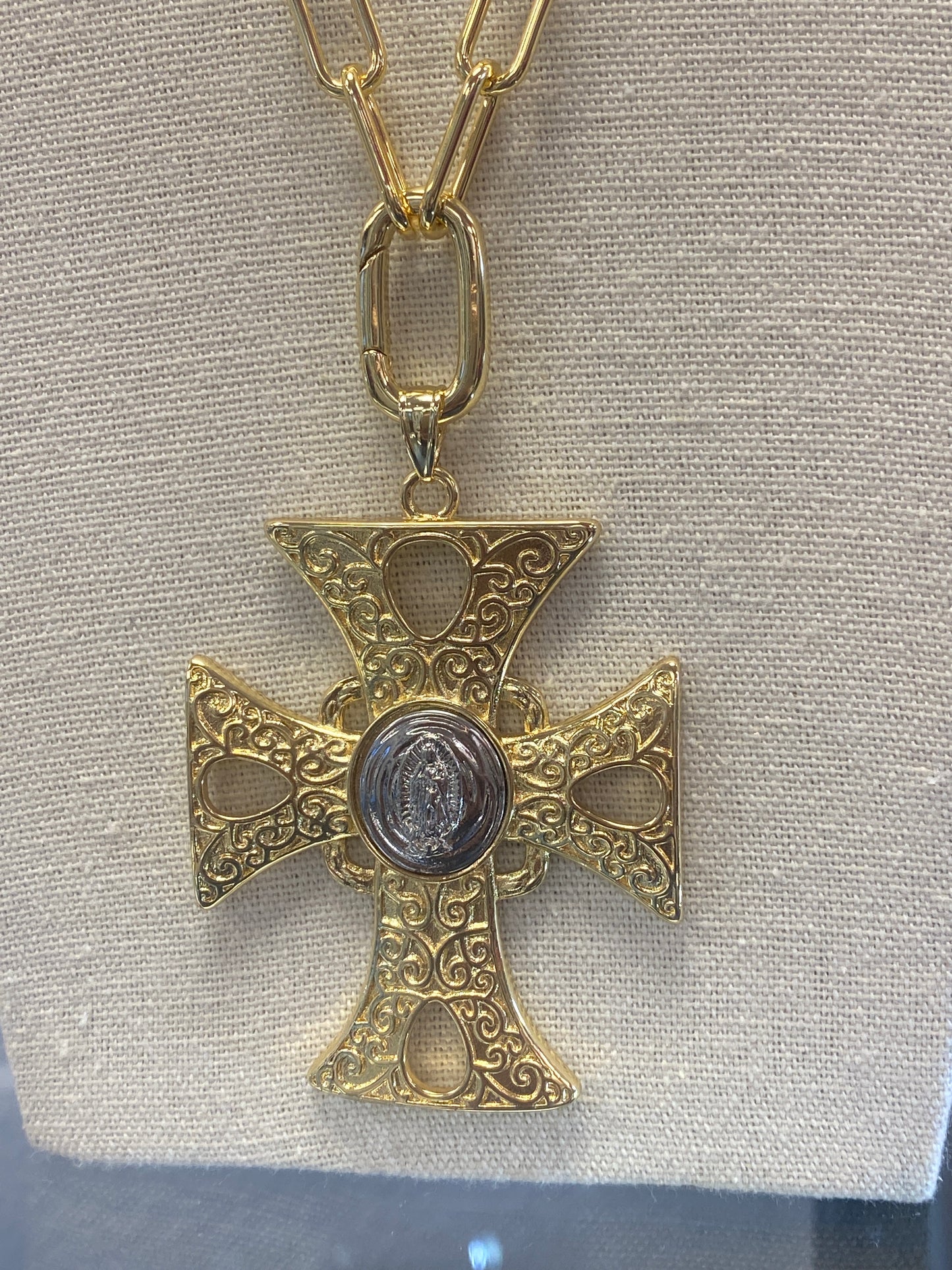2 Tone Virgin Mary Cross Toggle Necklace