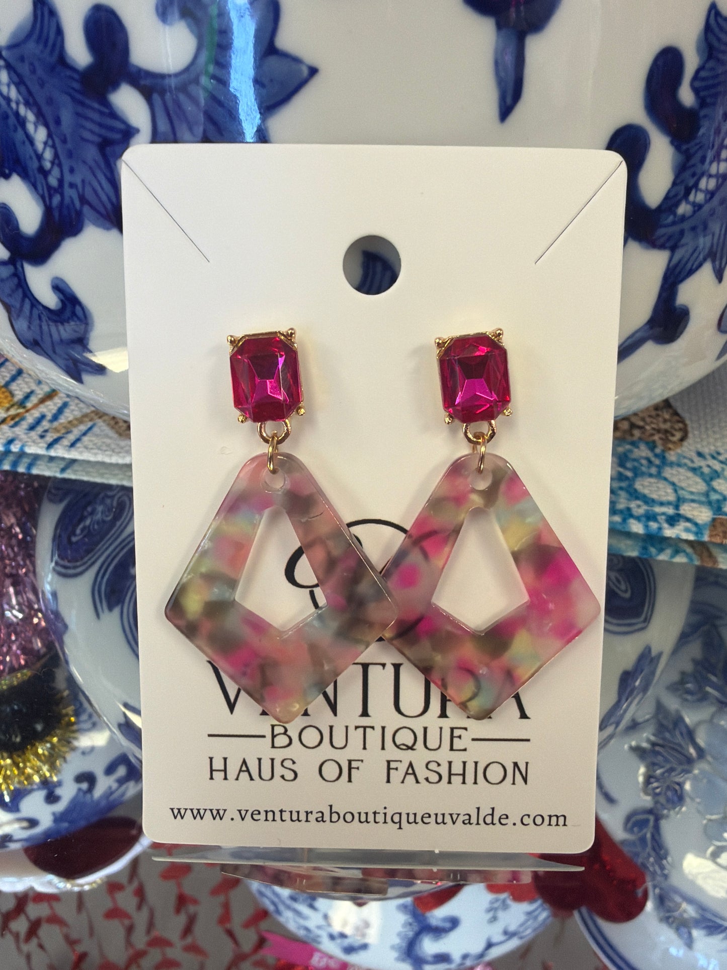 Pink Crystal Stud Multi Color Drop Earrings