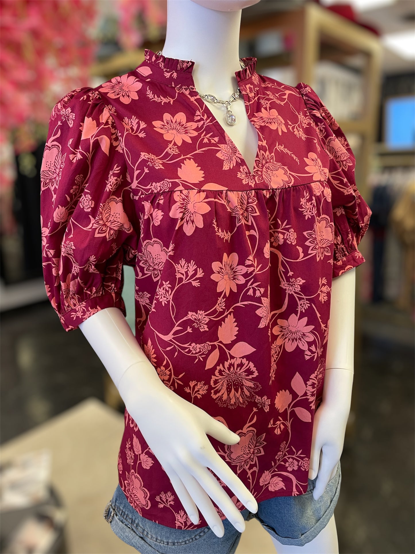 Burgundy Short Sleeve Floral Print Blouse