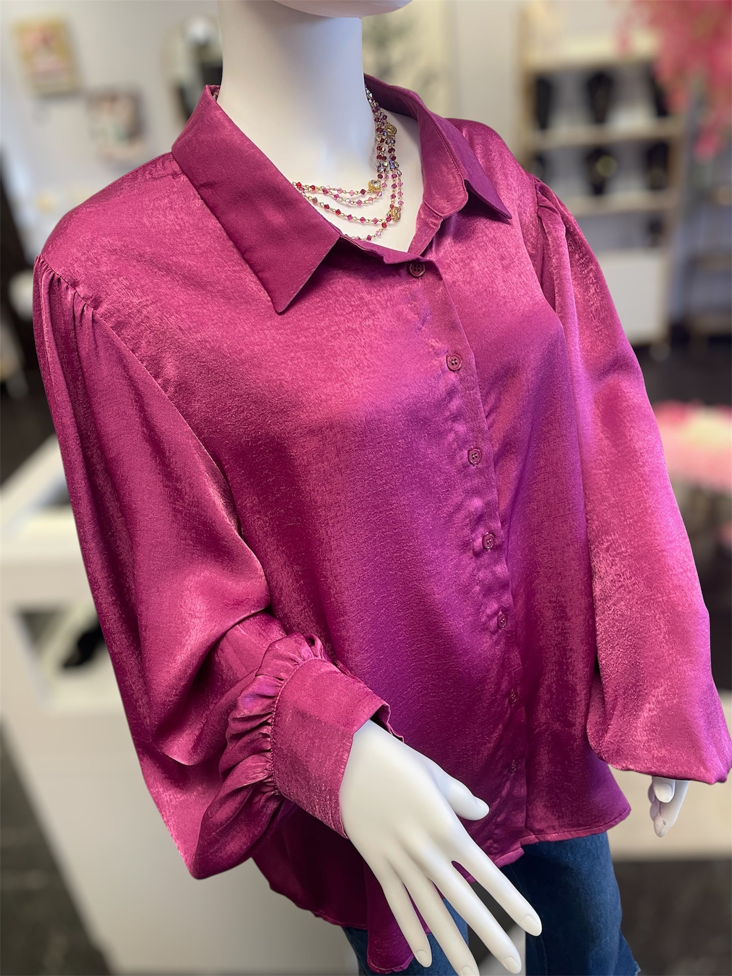 Magenta Satin Button Up Shirt (Curvy)