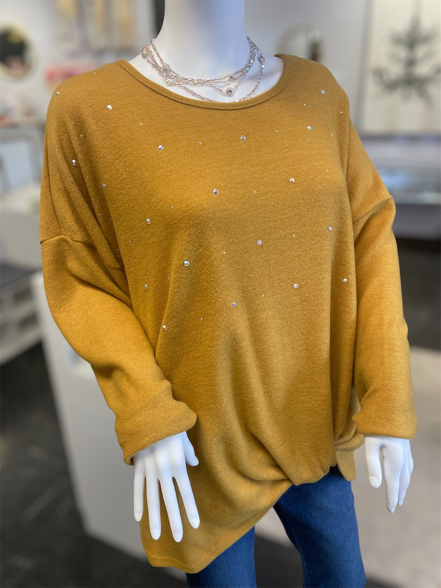Mustard Boatneck Front Gathered Embellished Sweater (Curvy)