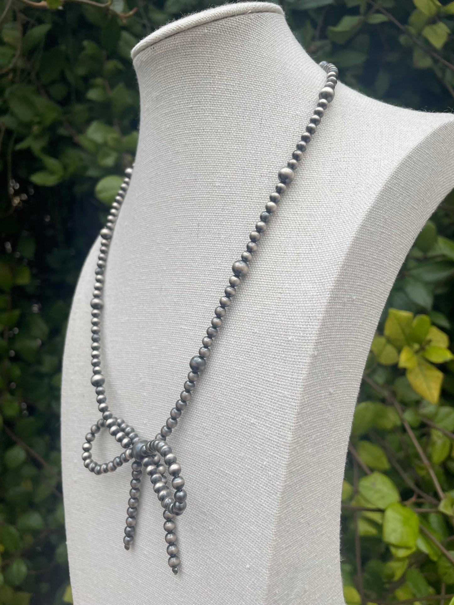 Sterling Silver Navajo Pearl Style Beaded Bow Tie Necklace 20 inches