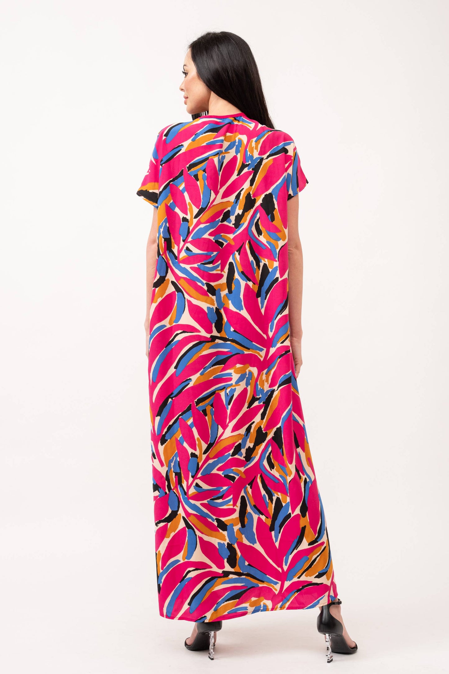 PRINTED WOVEN V NECK DROP SHOULDER MAXI DRESS
