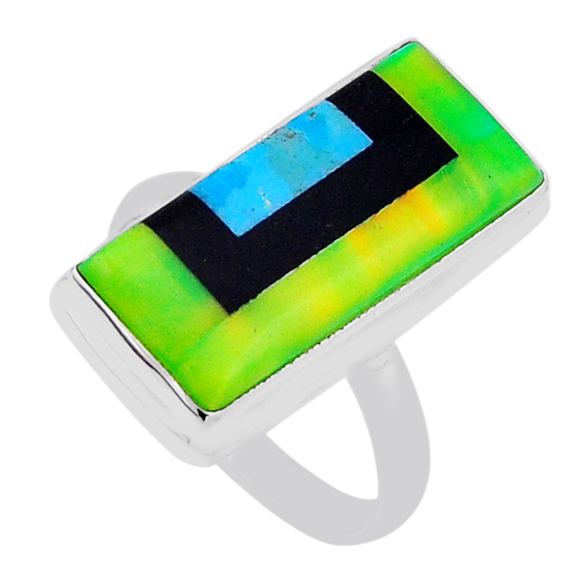 925 silver solitaire blue green black strip opal ring size 8