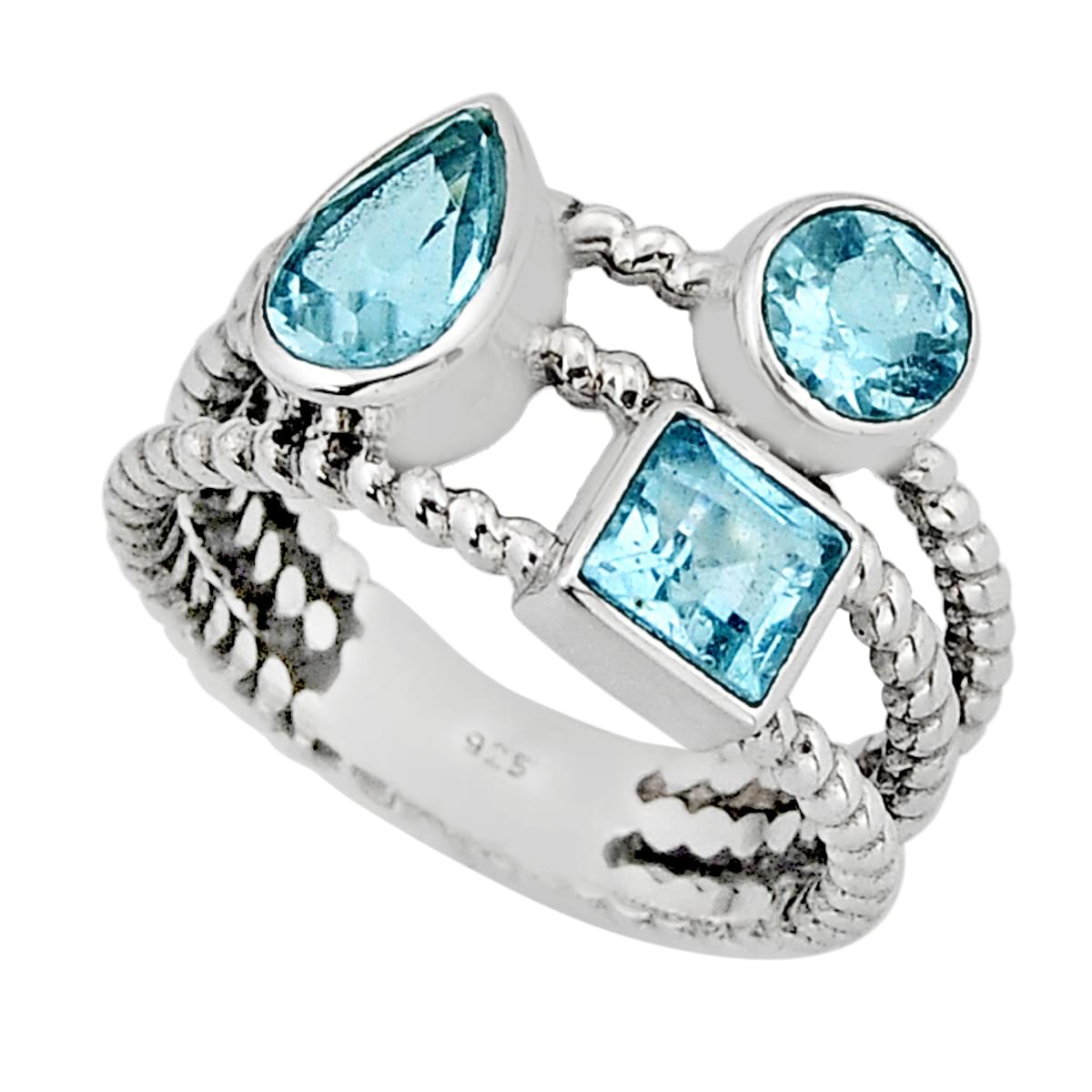 925 sterling silver 3 stone natural blue topaz ring size 8
