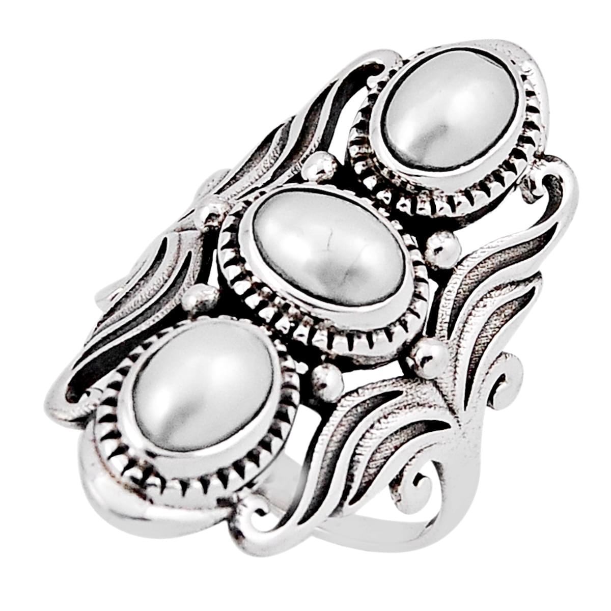 925 sterling silver 3 stone natural white pearl oval ring size 7