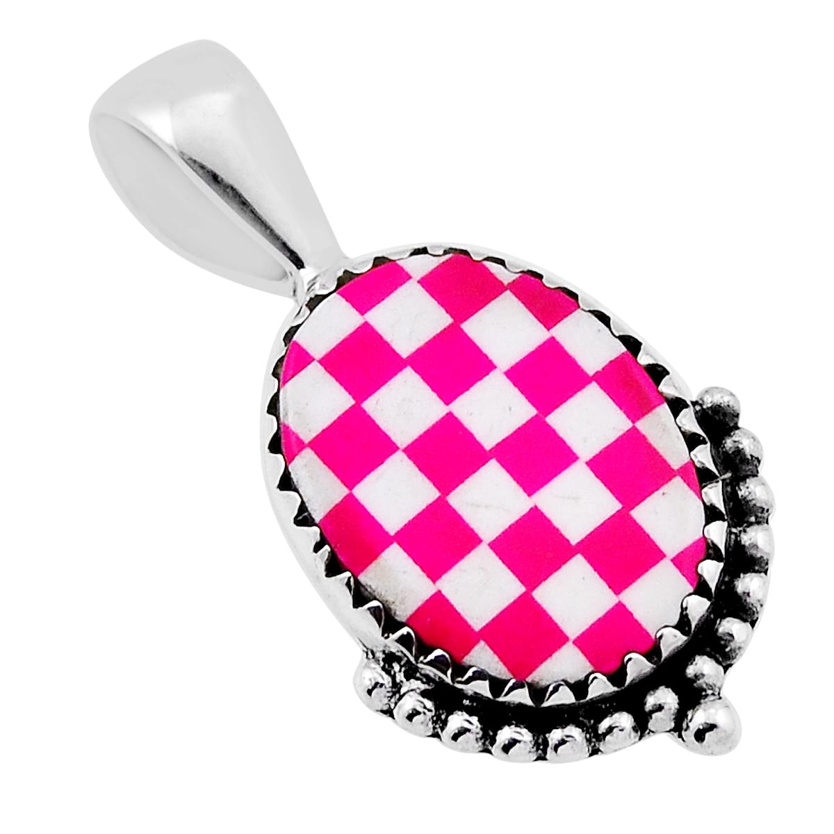 sterling silver checker pink white strip opal pendant
