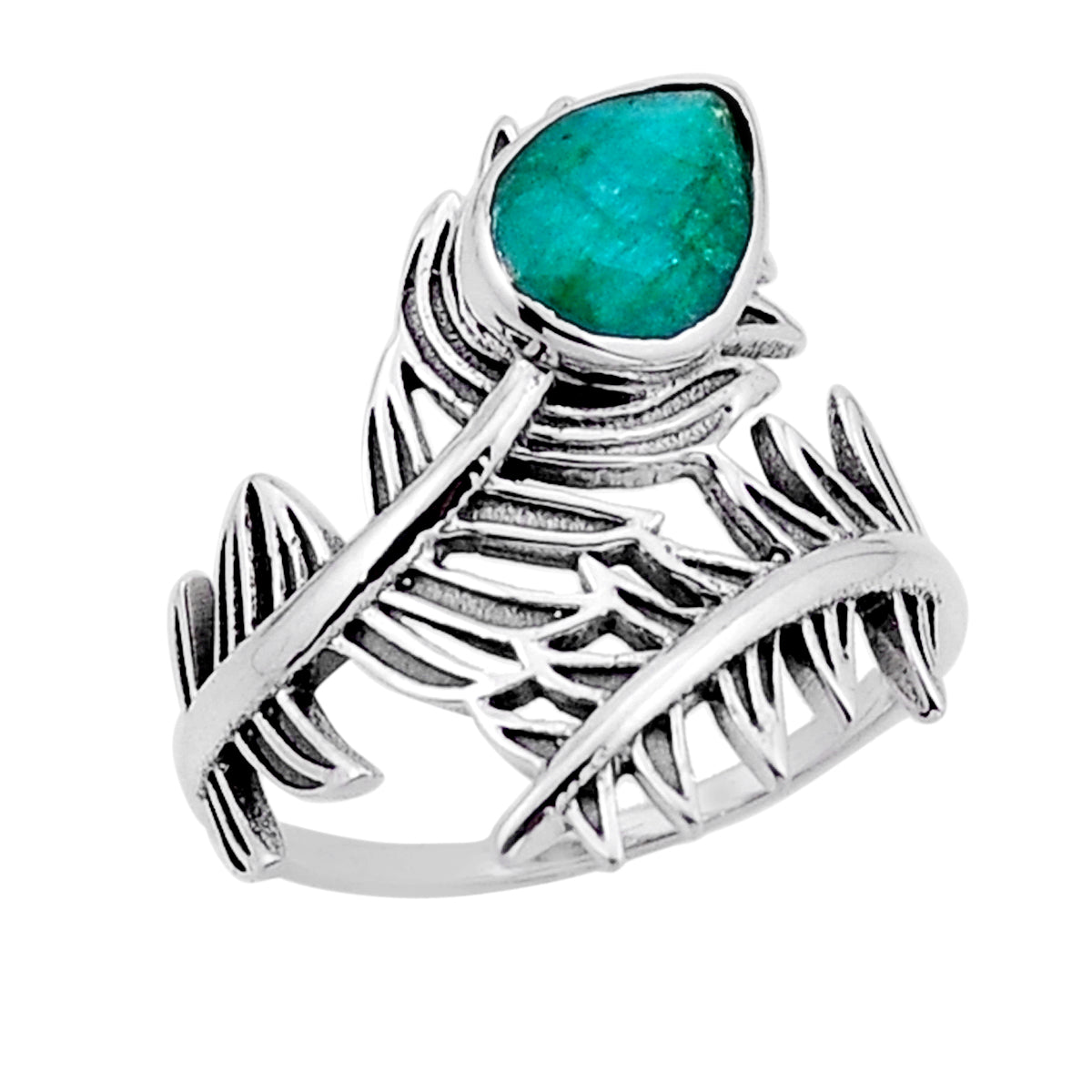 925 sterling silver solitaire natural emerald feather ring size 7