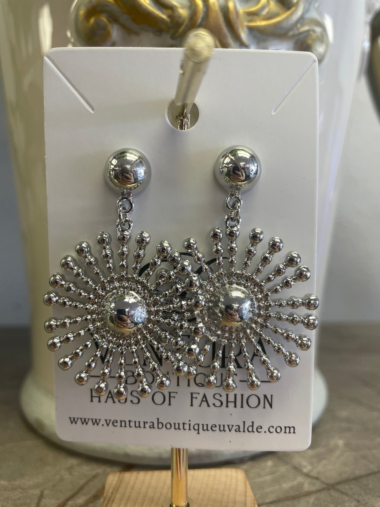 Silver Sunburst Stud Drop Earrings