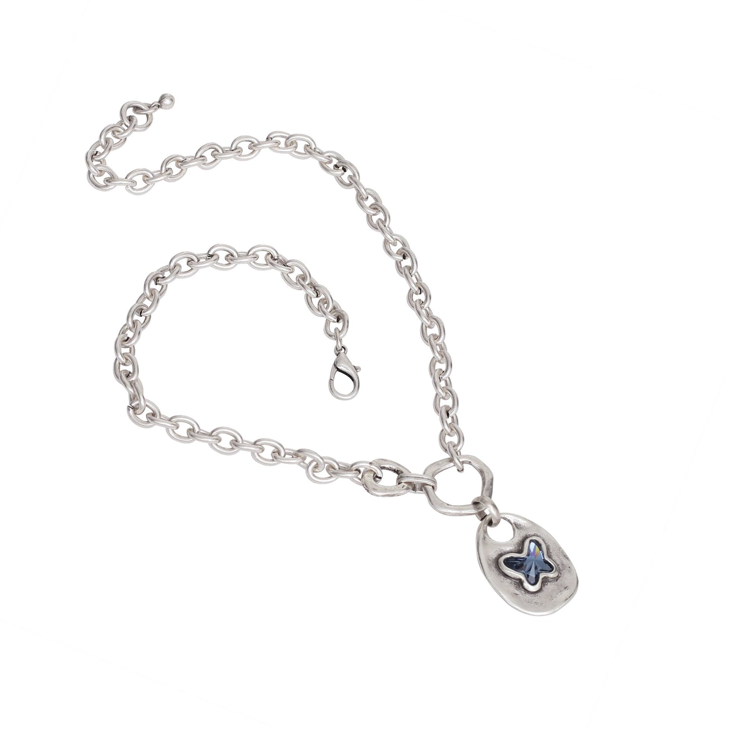 Handmade ButterFly Blue Crystal Pewter Necklace - 3979